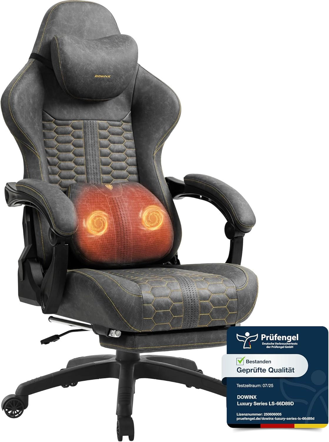 GAMING-STUHL & hoher Rückenlehne, Massagefunktion PU-Leder - Grau, Leder (61/117/61cm)