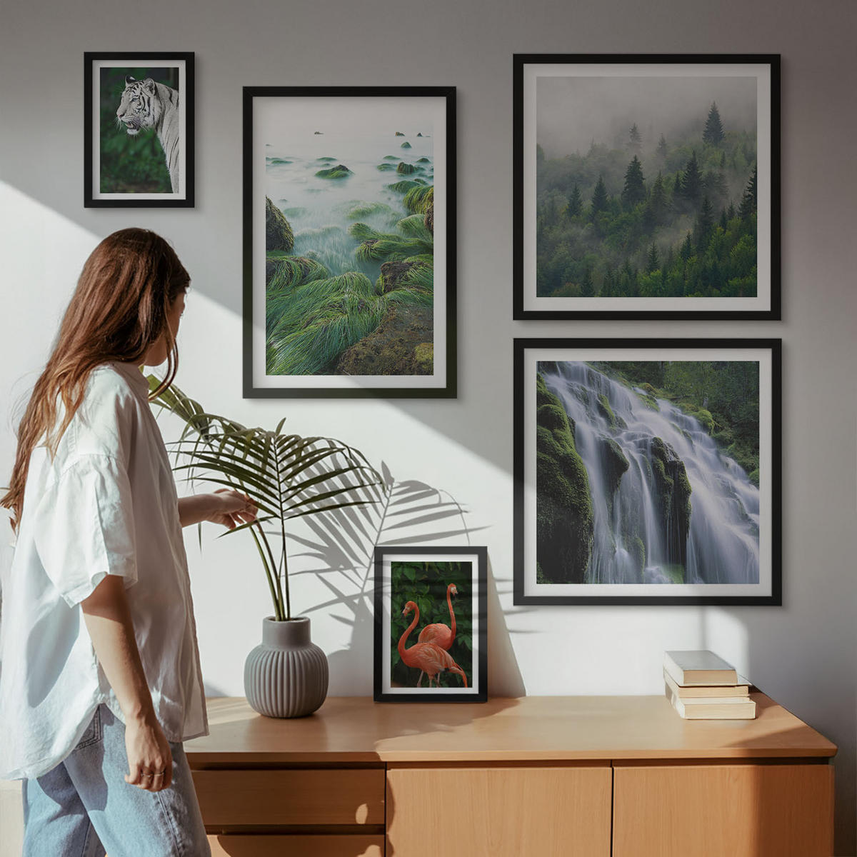 BILDER SET 5er Set - 50x50 cm & 20x30 cm & 40x60 cm Schwarzer Rahmen - Tiger Wasserfall Flamingos Natur - Schwarz, Kunststoff (40/60cm) - TULUP
