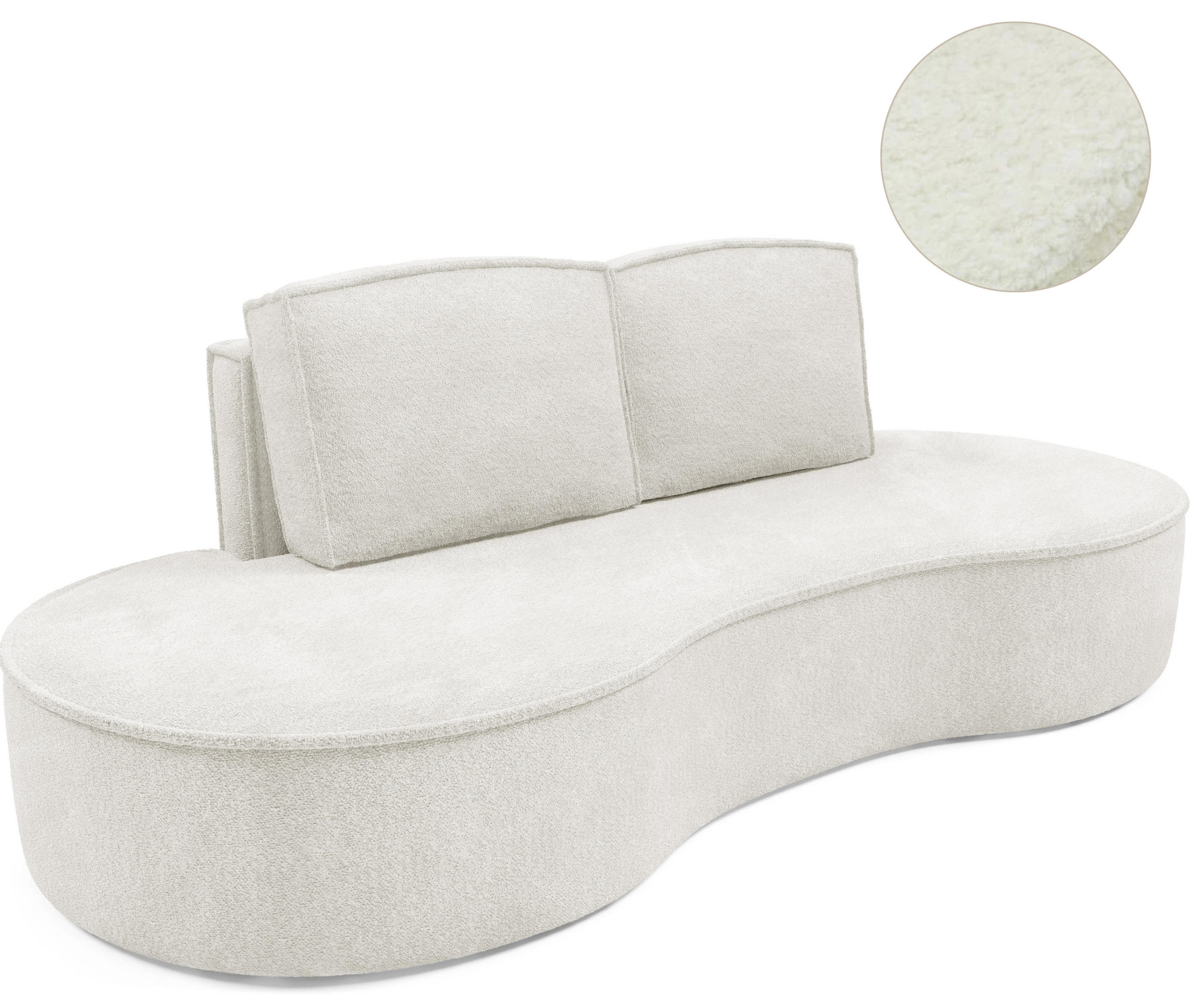 SOFA Molly – Freistehendes halbrundes Designsofa mit zwei eleganten, abnehmbaren RückenKissen, Abriamo Stoff, Größe: 234x101x88 cm, Weiß - Weiß, Holz/Textil (234/88/101cm) - DomoHome