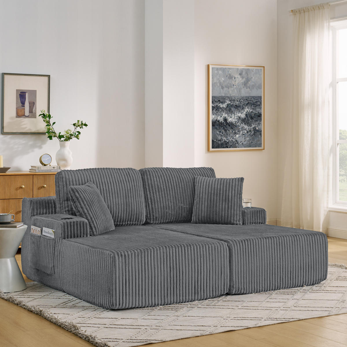 SCHLAFSOFA 186/154/78 cm Grau Cord mit seitlicher Magazintasche und Getränkehalter - Grau, Textil (186/78/154cm) - Oxeza