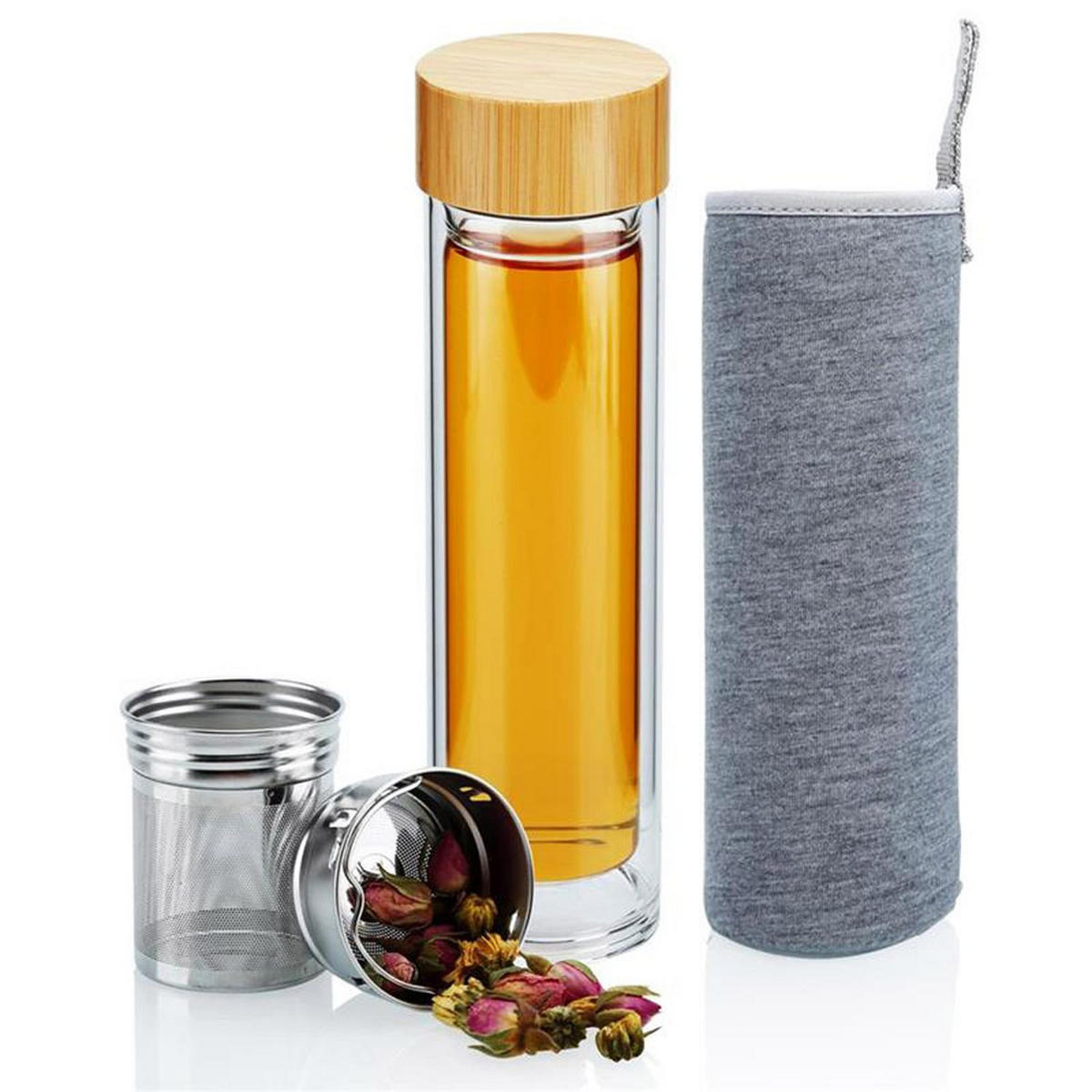 THERMOSFLASCHE mit Edelstahl Sieb - Grau, Glas (0.45L) - Intirilife
