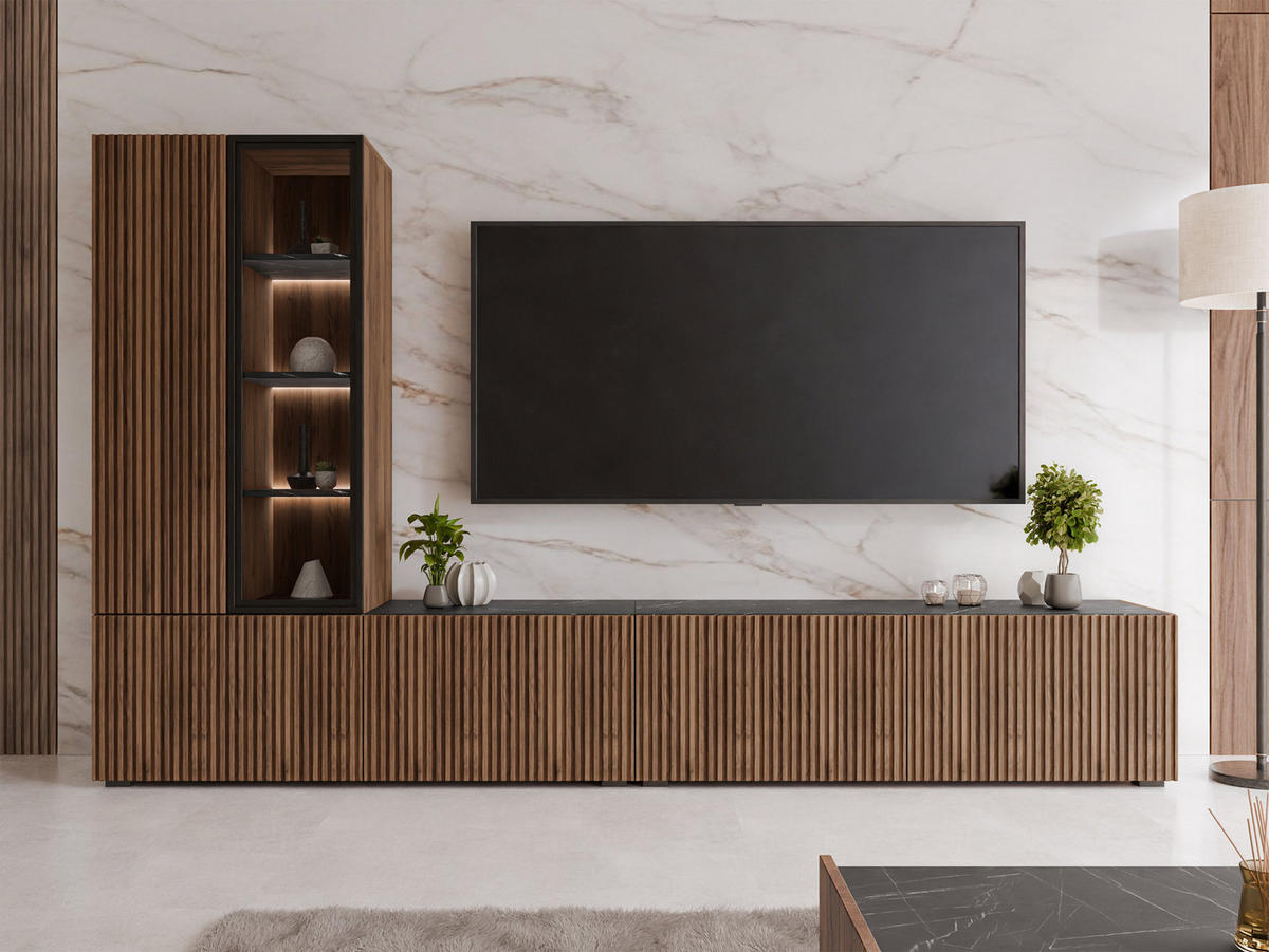 WOHNWAND Tiwori - Nussbaumfarben/Schwarz, Holzwerkstoff/Kunststoff (260/157/41cm) - MIRJAN24