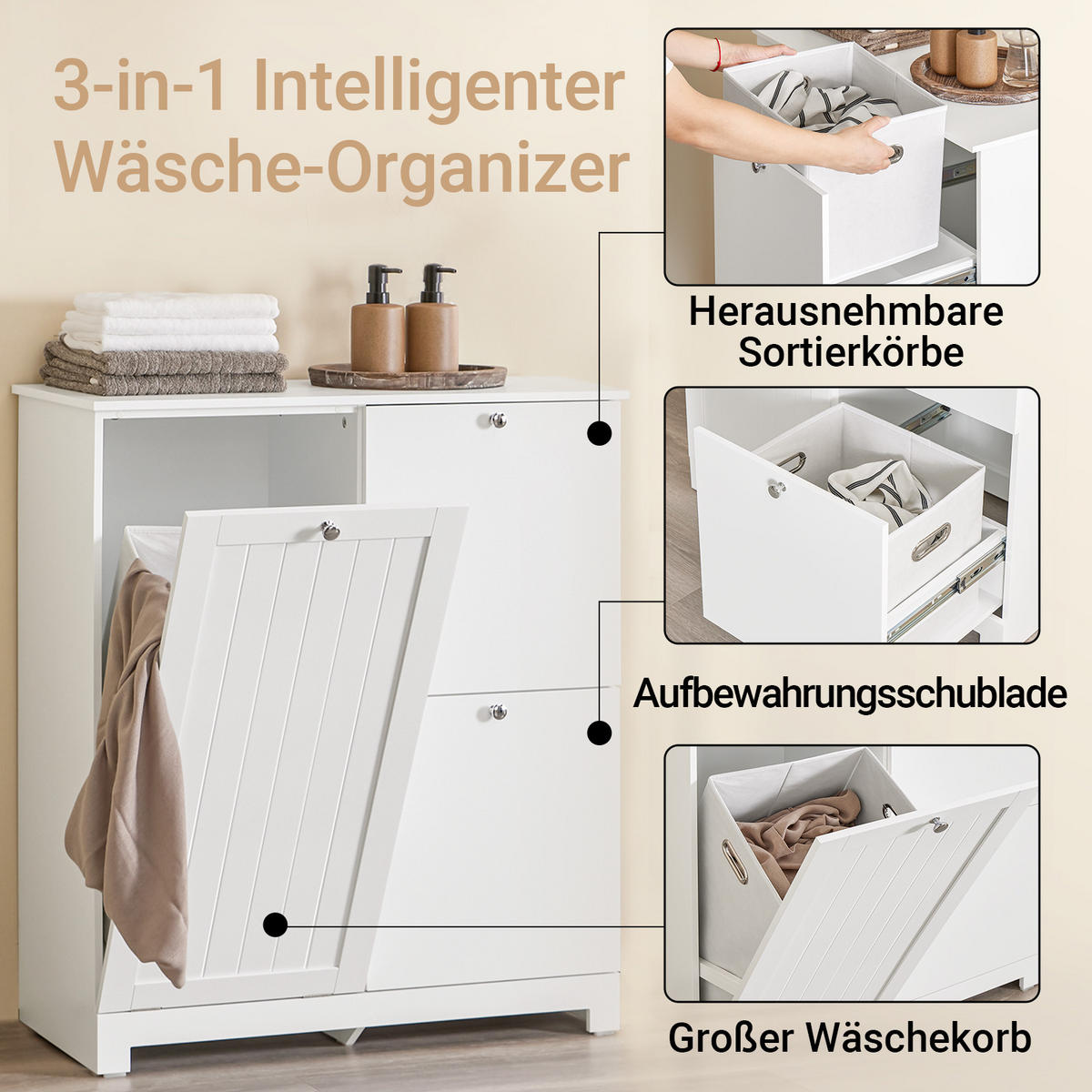 WÄSCHESCHRANK, Badschrank mit 3 Wäschesäcken, 78x38x90cm - Weiß, Holzwerkstoff (78/90/38cm) - SoBuy