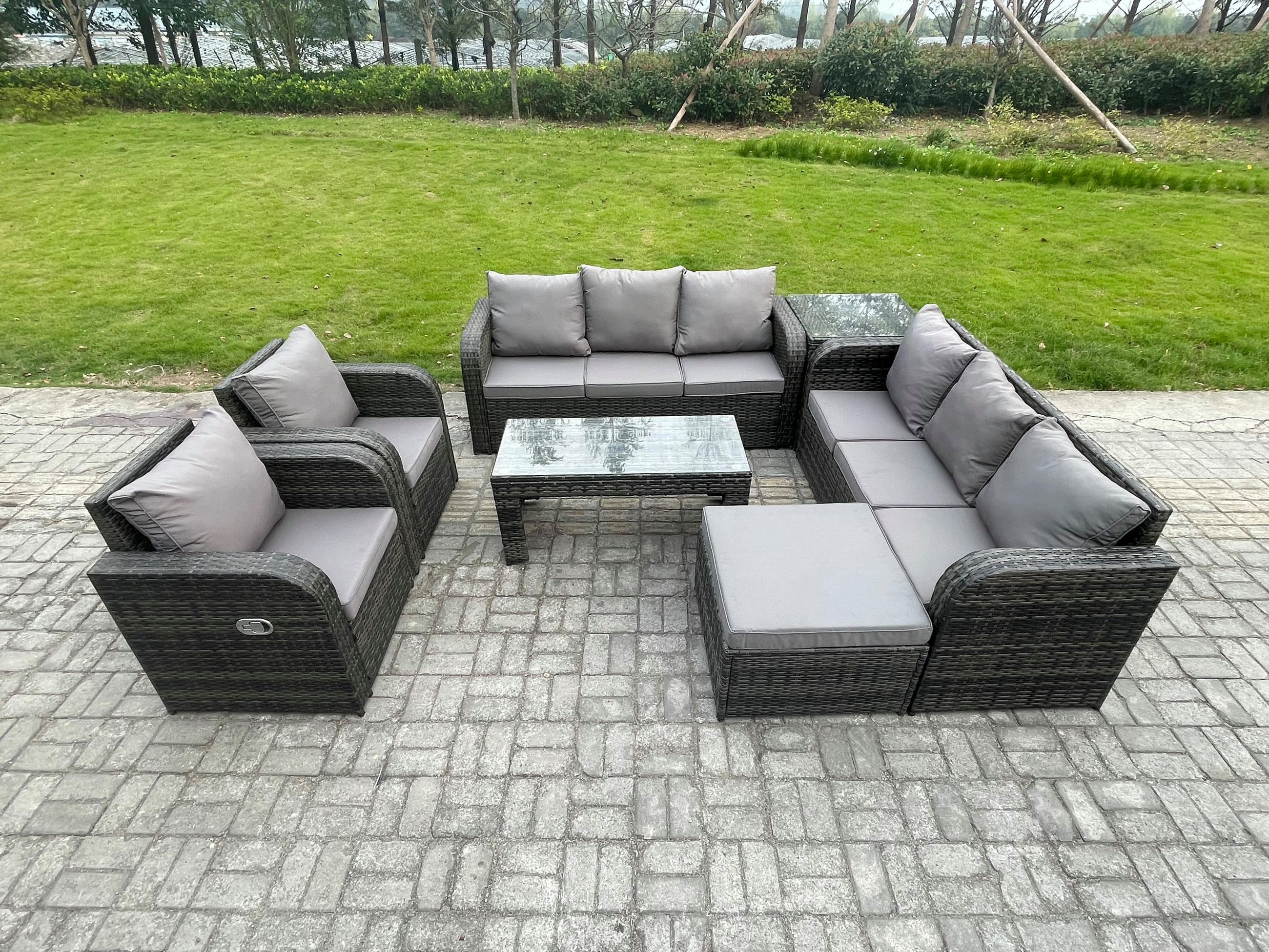 GARTENSOFA SET mit rechteckigem COUCHTISCH Polyrattan 9-Sitzer Dunkelgrau - Dunkelgrau/Grau, Glas/Kunststoff - Fimous