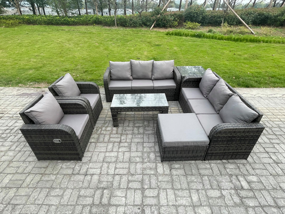 GARTENSOFA SET mit rechteckigem COUCHTISCH Polyrattan 9-Sitzer Dunkelgrau - Dunkelgrau/Grau, Glas/Kunststoff - Fimous