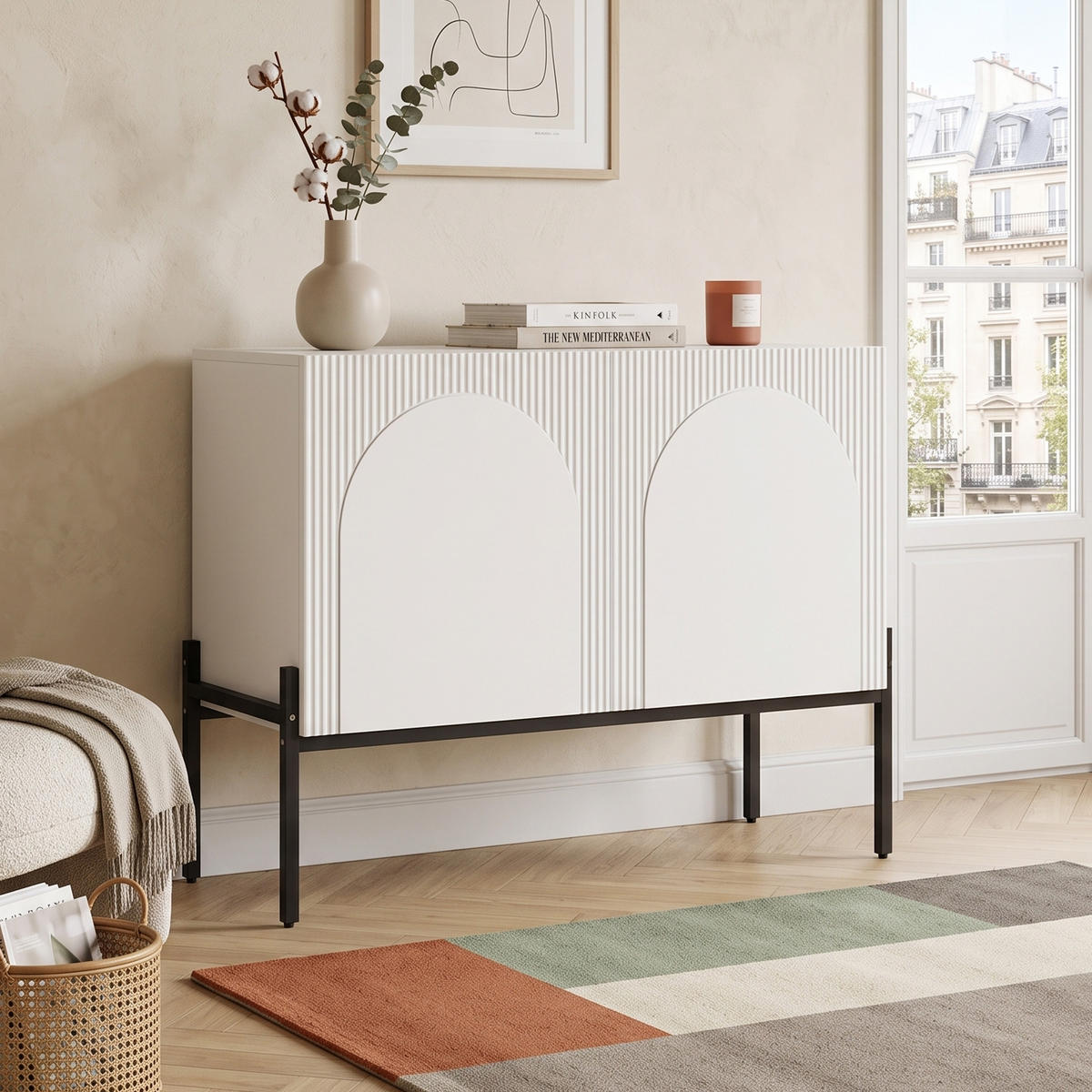 BUFLET 100cm cu Bogendesign, 2 Türen, Metallbeine - alb, compozit lemnos (100/75/40cm) - Urban Meuble