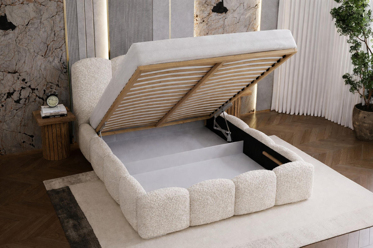 POLSTERBETT 160x200 cm Zenna Boucle mit Bettkasten, Lattenrost, Creme - Creme, Holz/Textil (160/200cm) - Emporius