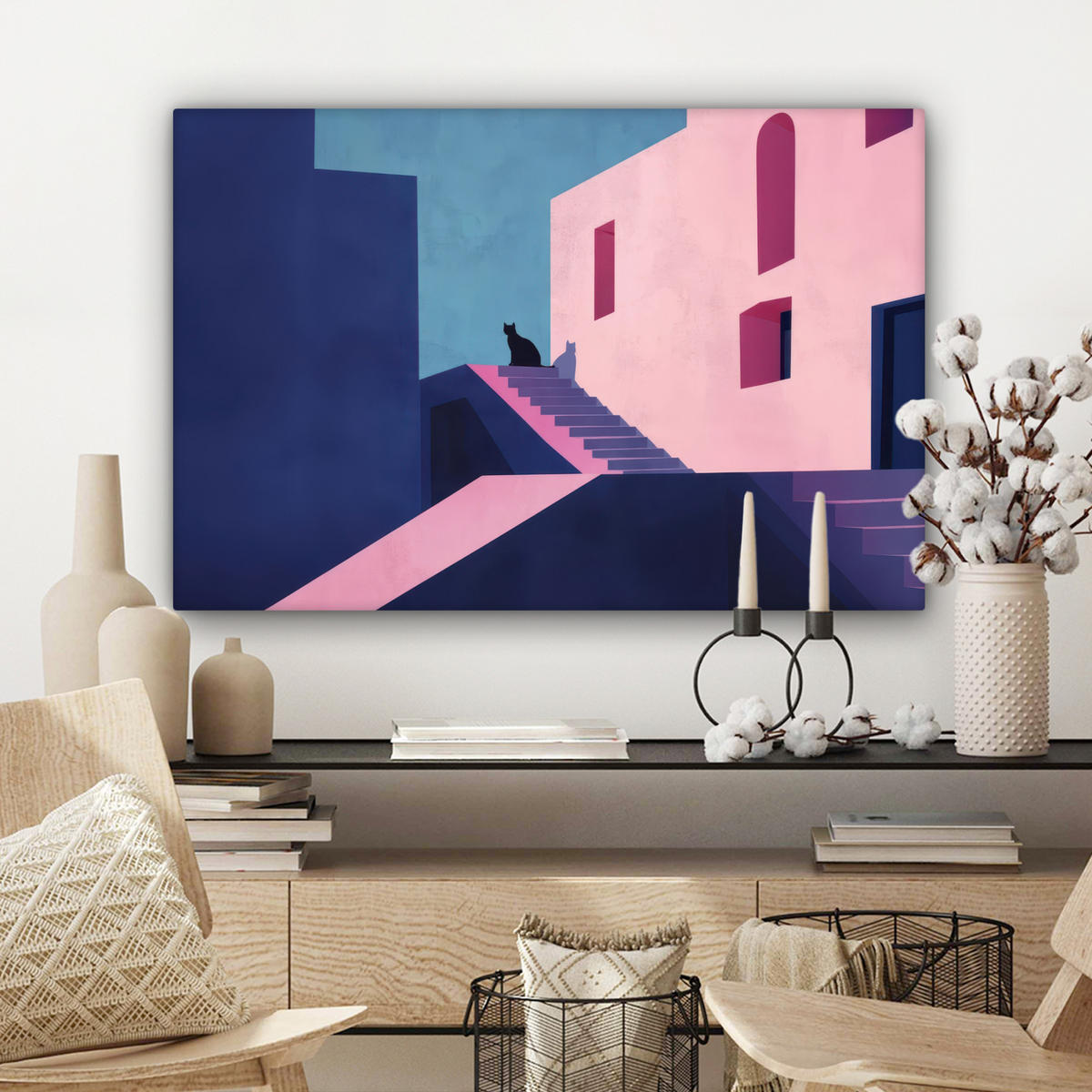 LEINWANDBILD Katze - Treppe - Gebäude - Schattenkontraste Wanddeko 90x60 cm - Dunkelblau, Textil (90/60cm) - MuchoWow