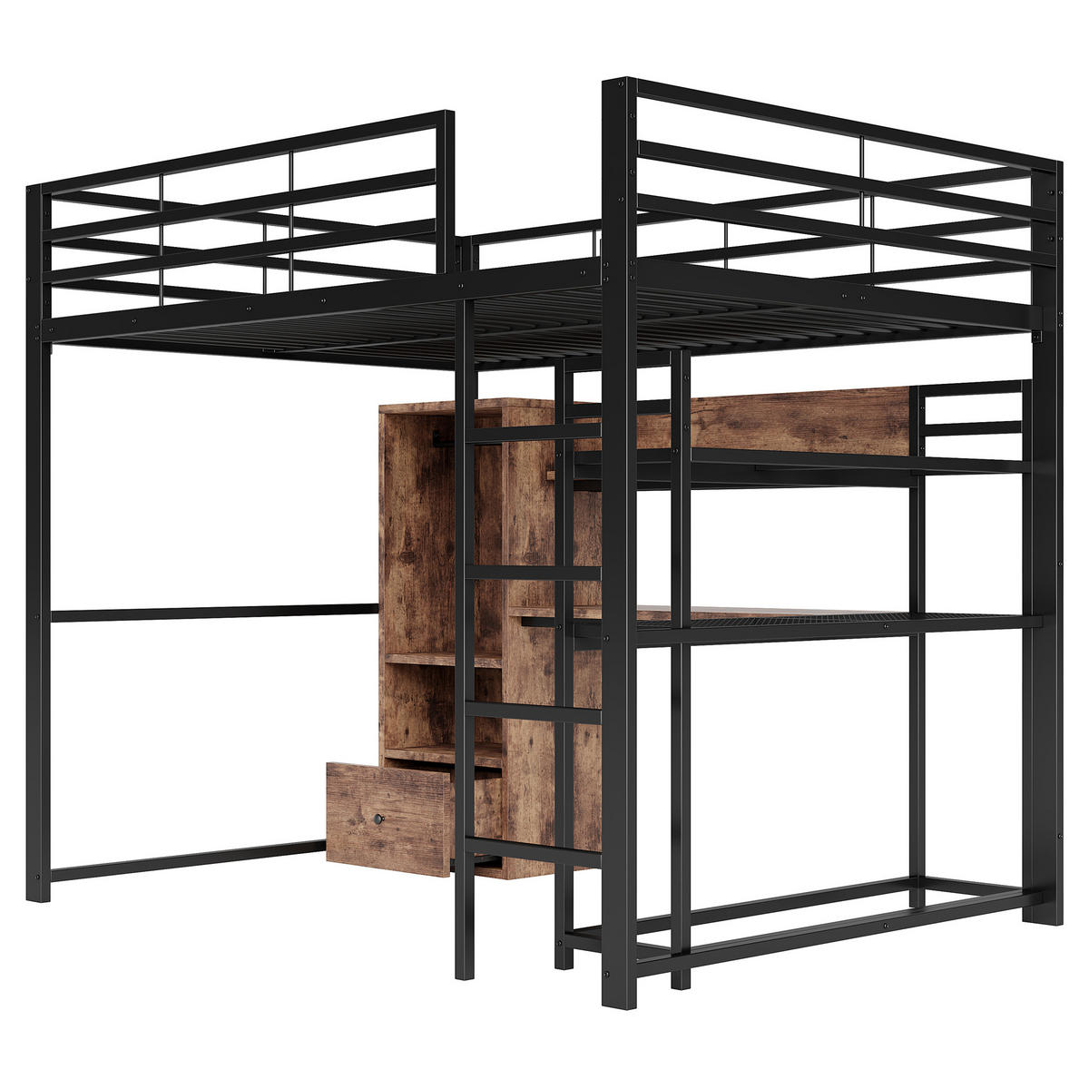 HOCHBETT aus Metall und MDF 140x200 cm Schwarz mit LED-Beleuchtung, Schreibtisch, Regal und Schublade - Schwarz, Holzwerkstoff (90/200cm) - Modfu