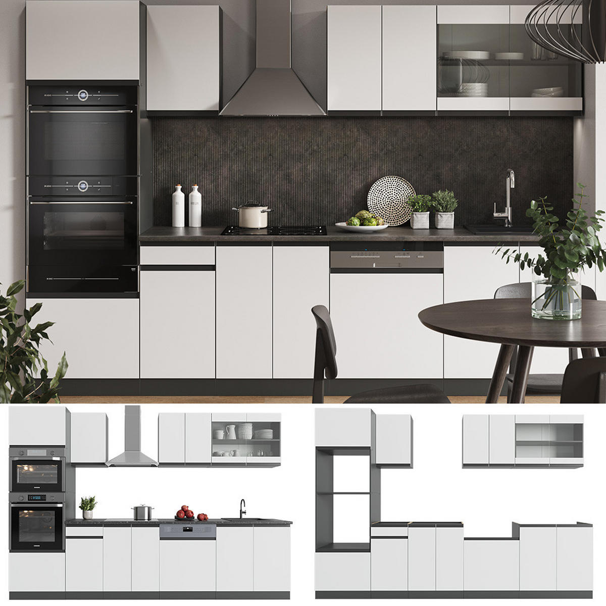 KÜCHENZEILE R-Line Weiß/Anthrazit 300 cm J-Shape mit Hochschrank ohne AP - Anthrazit/Weiß, Holzwerkstoff (300/81.6/46cm) - Vicco