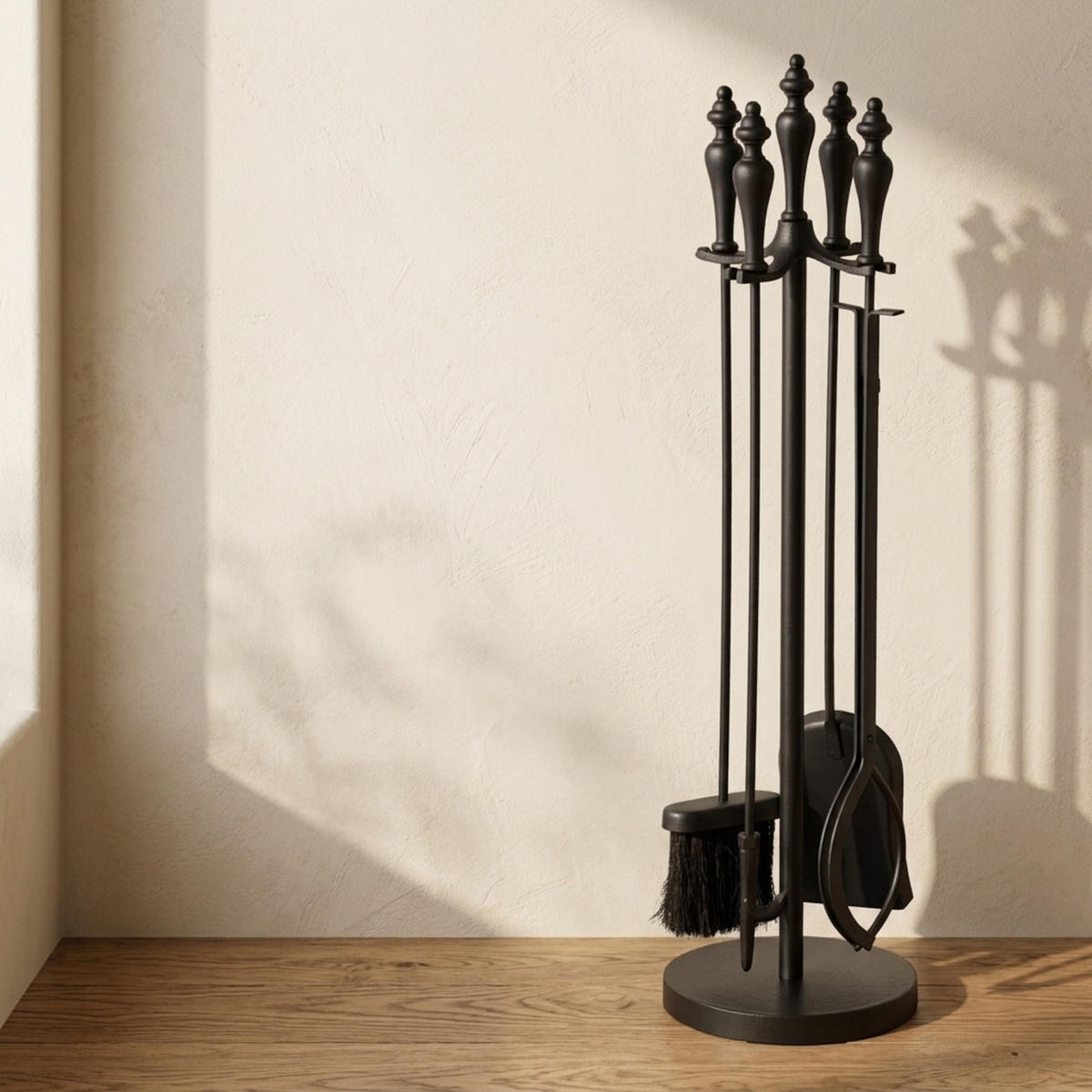 KAMINBESTECK Schwarz 5-teilig mit Ständer - Schwarz, Textil/Metall (20.5/77/20.5cm) - Relaxdays