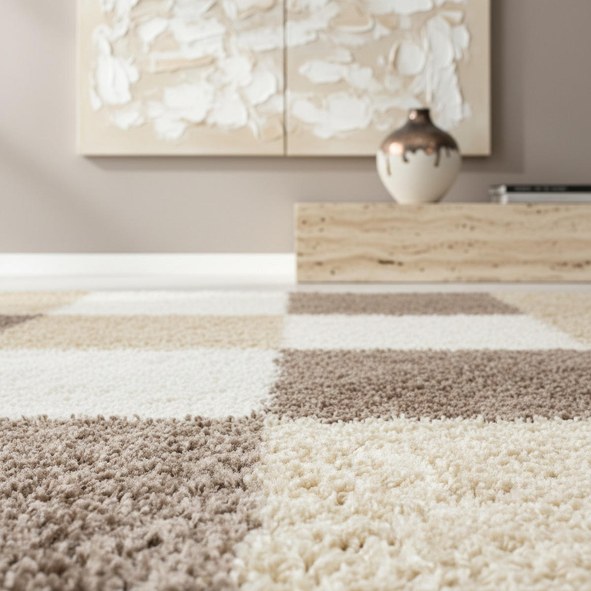 TEPPICH Hochflor Karo Polypropylen Wohnzimmer Shaggy Mokka Rechteckig 120x170 - Braun, Textil (120/170cm) - KADIMA DESIGN