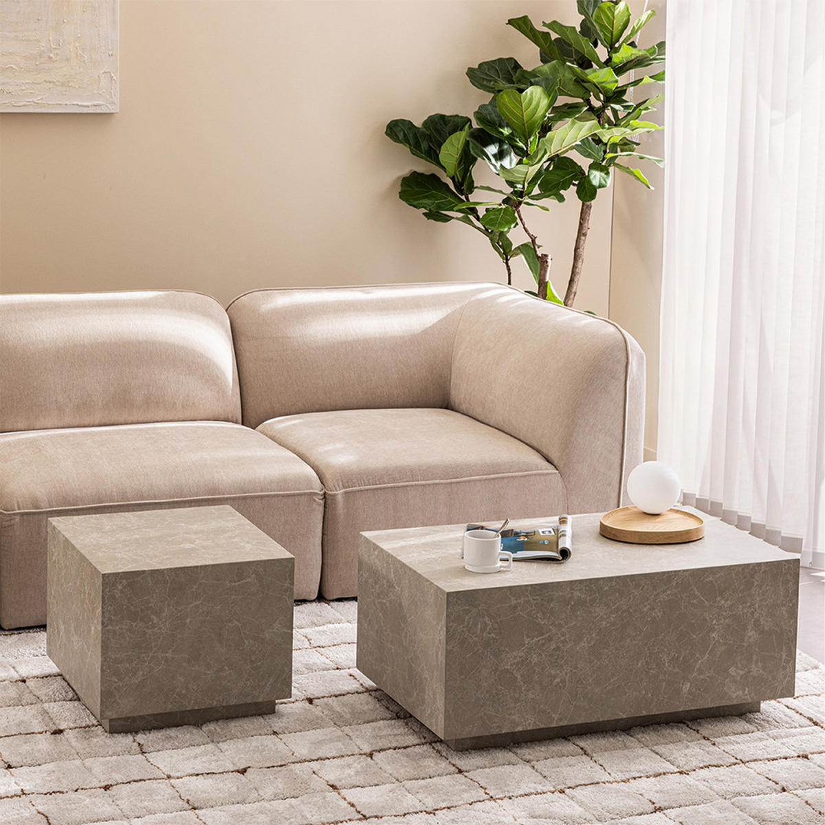 BEISTELLTISCH - Marmor - Beige - Einzelstück - Beige, Stein (40/40/45cm) - Drawer