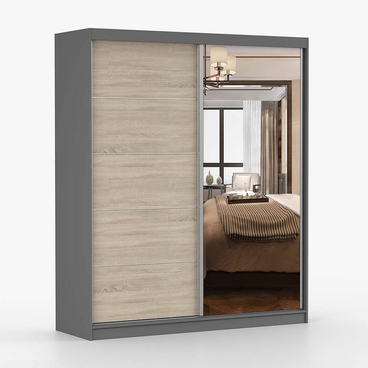 SCHWEBETÜRENSCHRANK 183/218/61 cm 2-türig Bella 03 Grau, Sonoma Eiche - Alufarben/Grau, Glas/Holzwerkstoff (183/218/61cm) - imoebel24