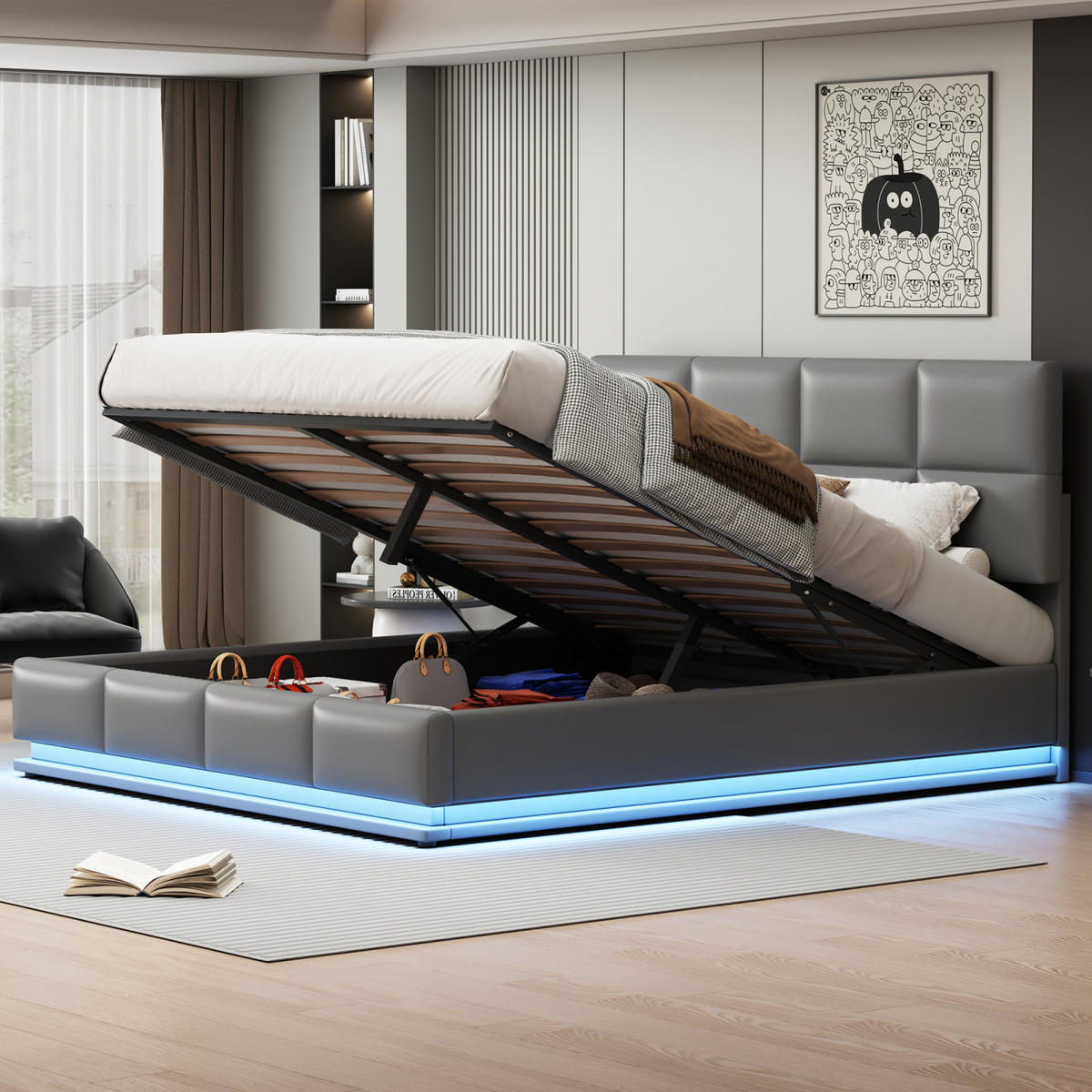 POLSTERBETT 180x200 cm mit Stauraum, LED, Lattenrost, Hellgrau - Grau, Holz (180/200cm)