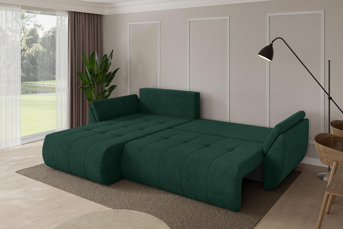 ROHOVÁ SEDAČKA s funkcí spaní, otoman vlevo TOKO-L 277x194x86 zelená velur - černá/zelená barva, kompozitní dřevo/textil (277/194cm) - ALTDECOR