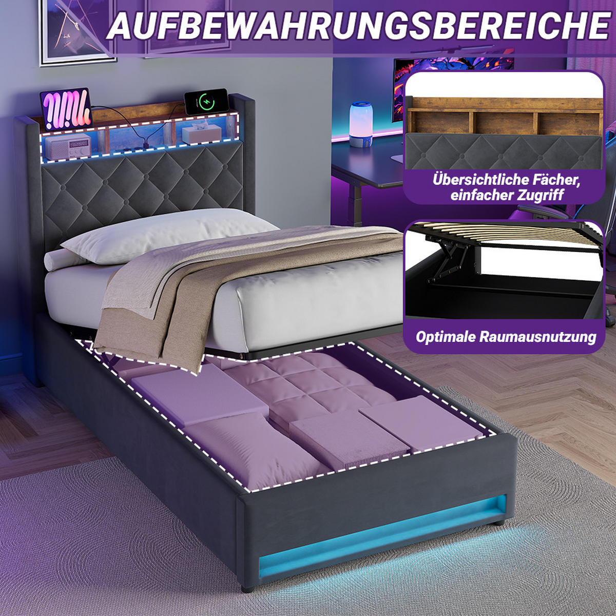 POLSTERBETT 90/190 cm in Grau, Samt, mit USB, LED, Bettkasten, ohne Matratze - Grau, Holzwerkstoff/Textil (90/190cm) - WISHDOR