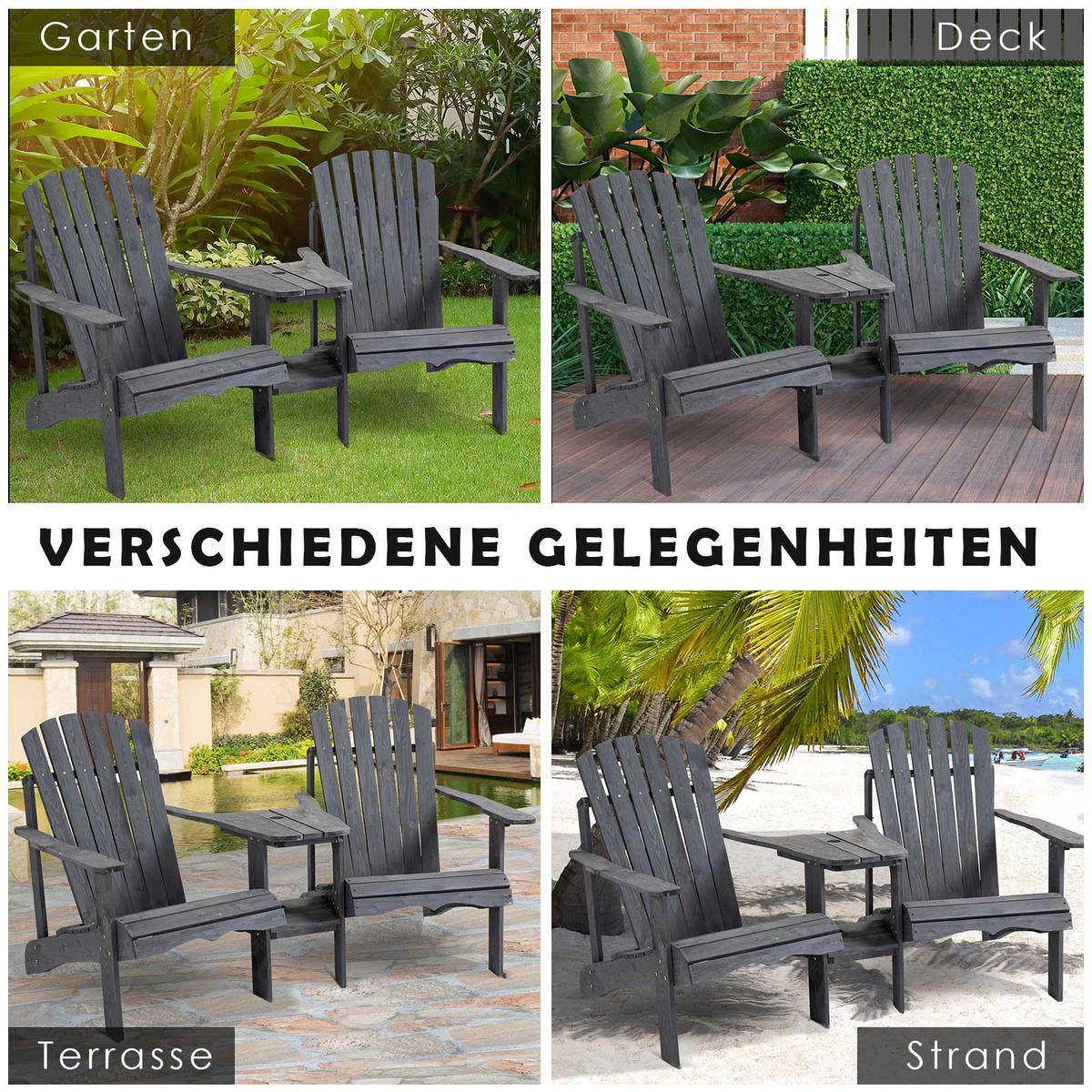 ADIRONDACK, Gartenstuhl mit Tisch und Schirmloch, 2 Sitzer Gartensessel, Sitzgruppe, Massivholz, Dunkelgrau, 178 x 87 x 93 cm - Dunkelgrau, Holz (178/92/87cm) - Outsunny