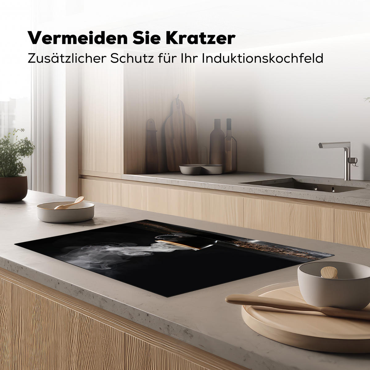 HERDABDECKPLATTE Kaffee - Schwarz - Bohnen - Heiß - Tasse Ceranfeldabdeckung 80x52 cm - Schwarz, Kunststoff (80/52/0.2cm) - MuchoWow