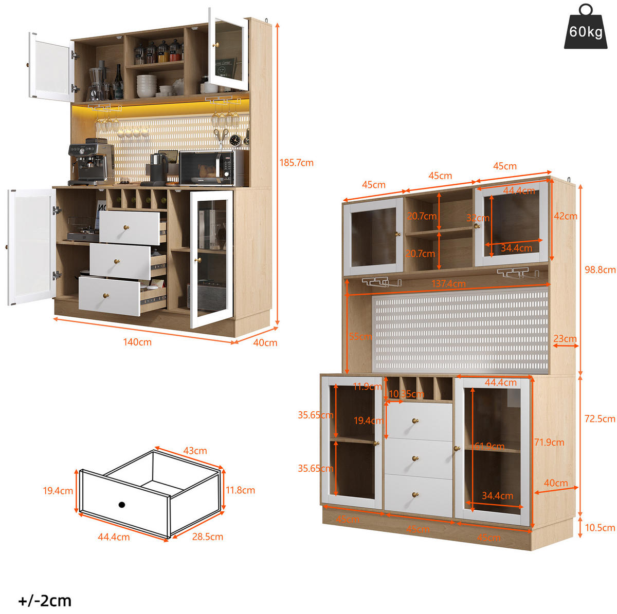 HOCHSCHRANK 140/40/185,7 cm mit LED-Beleuchtung, Weinregal, Glasfronten und verstellbaren Regalböden, Weiß - Weiß, Holzwerkstoff (140/185.7/40cm) - Redom