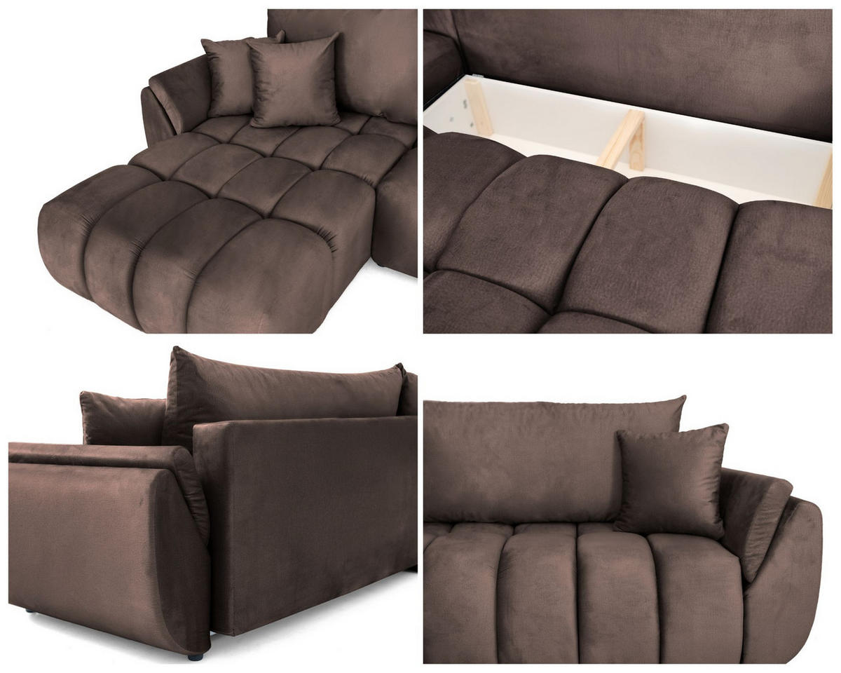 ECKSOFA Iris mit Schlaffunktion und Bettkasten, links oder rechts montierbar – Braun Samt 280/184/85 cm - Schwarz/Braun, Kunststoff/Textil (280/184cm) - WFL GROUP