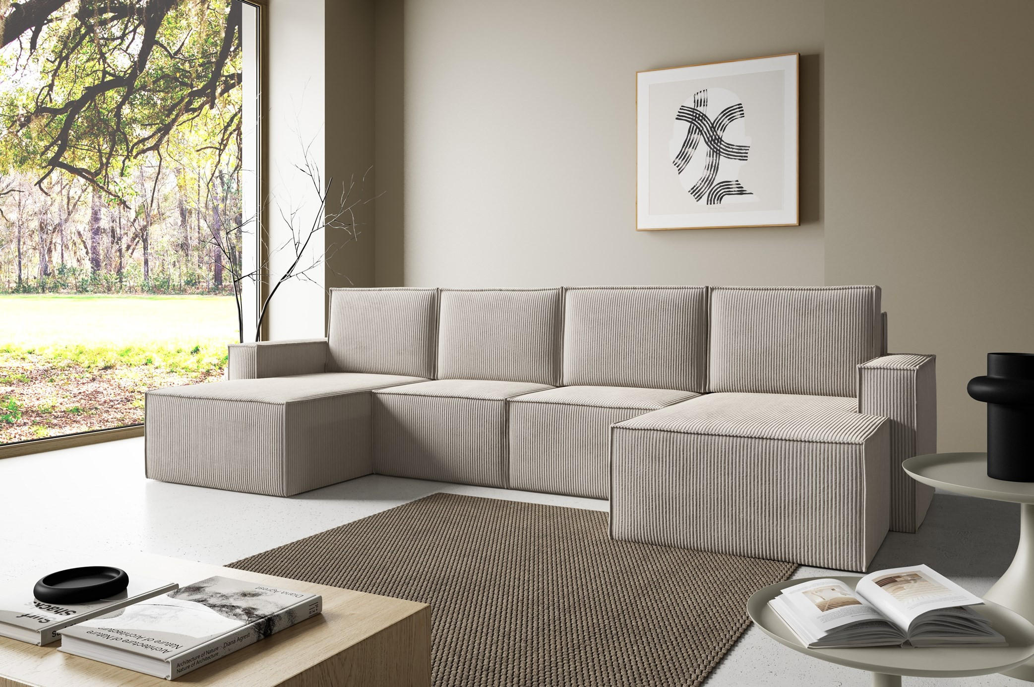 WOHNLANDSHAFT Orto Hellbraun - Hellbraun, Holzwerkstoff/Textil (320/93/142cm) - Bettso