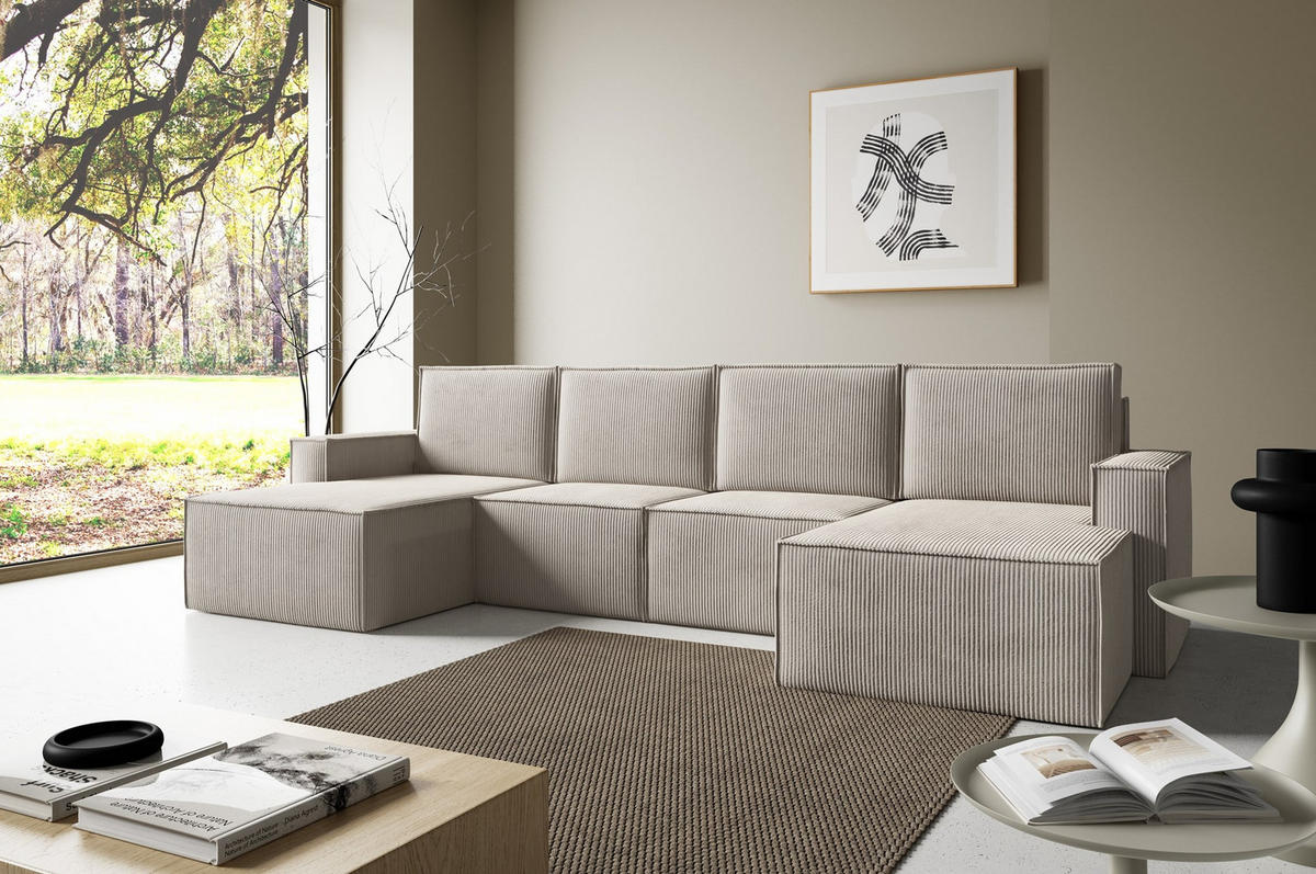 WOHNLANDSHAFT Orto Hellbraun - Hellbraun, Holzwerkstoff/Textil (320/93/142cm) - Bettso