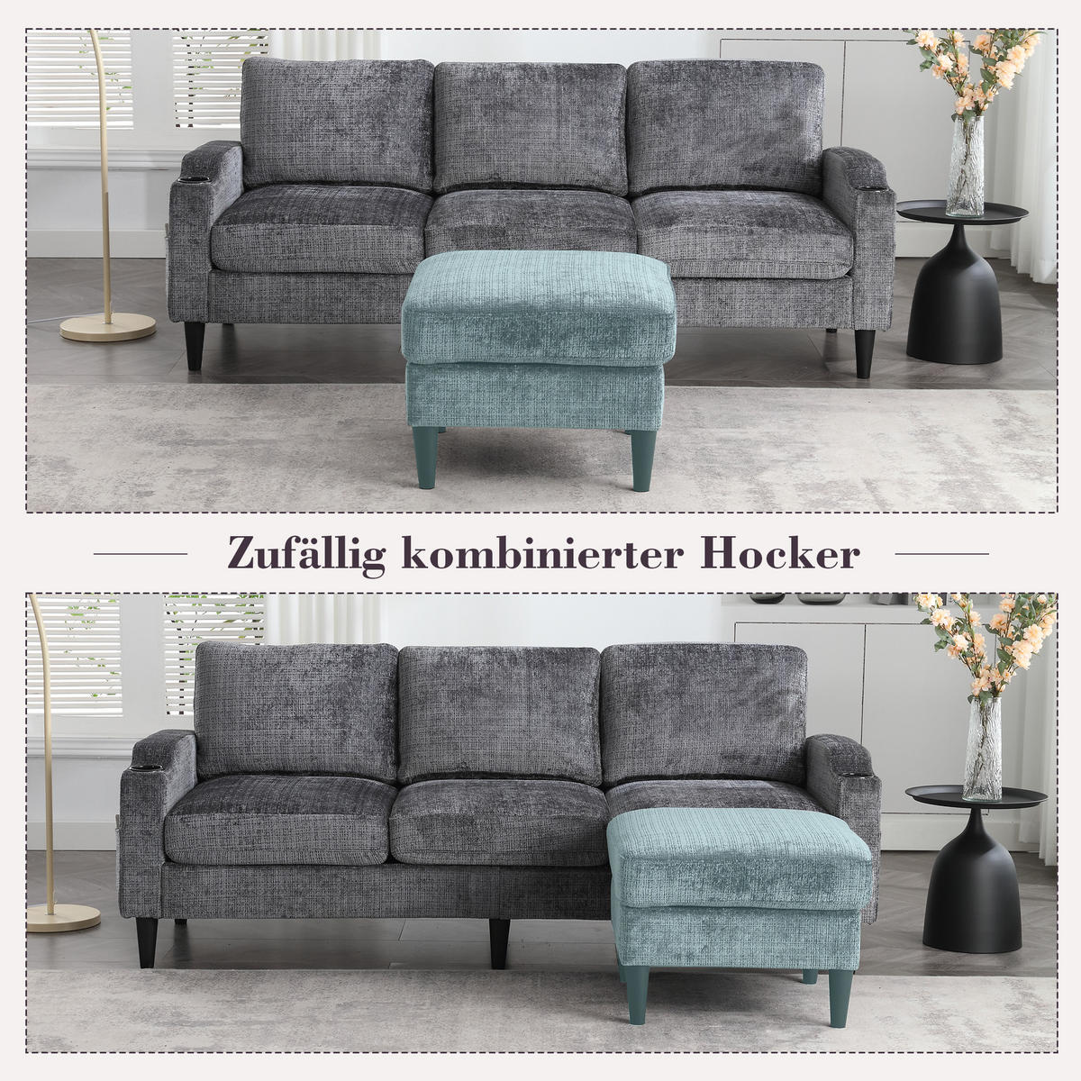 SITZGARNITUR 4-SITZER Chenille Grau mit Stauraum - Grau, Holzwerkstoff/Kunststoff (196.5/77/75cm) - WISHDOR