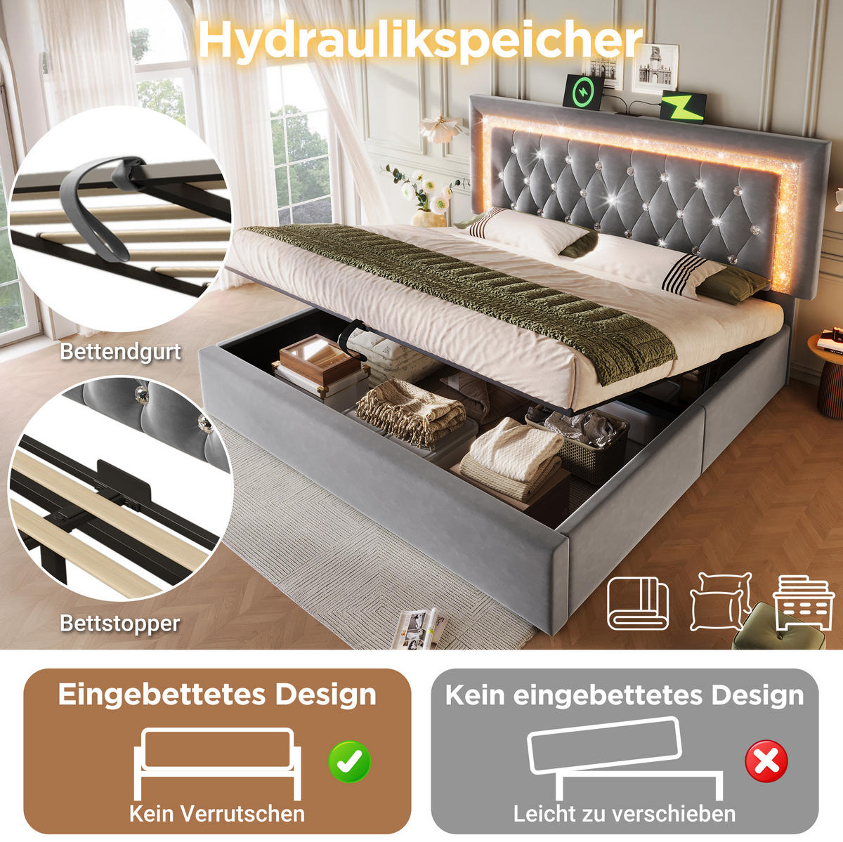 POLSTERBETT 140/200 cm mit LED-Beleuchtung, USB- und Type-C-Anschluss, Bettkasten und Matratze, Grau - Grau, Textil (140/200cm) - Redom