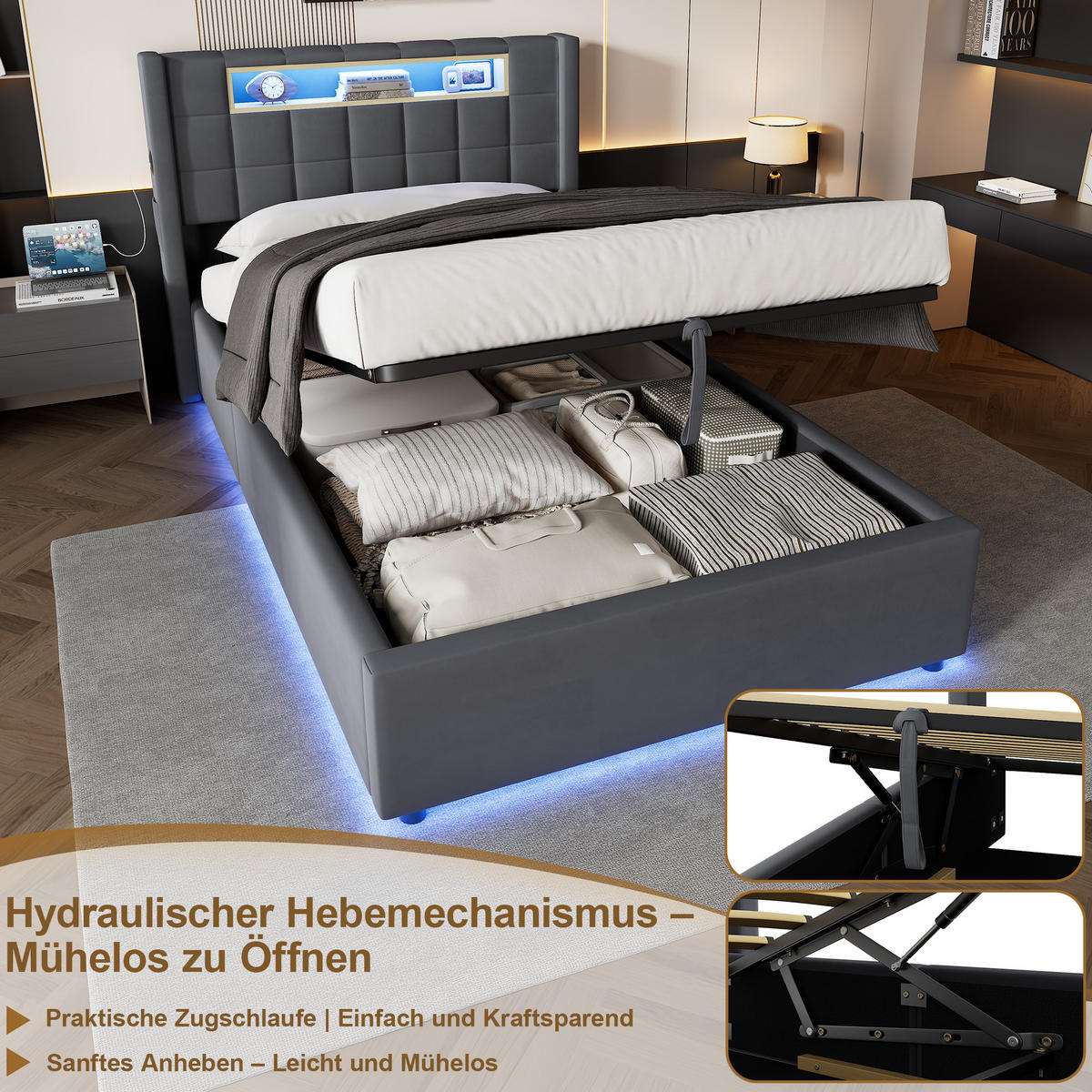 ČALÚNENÁ posteľ 90/200 cm tmavosivá s LED a USB-C - tmavosivá, textil (90/200cm) - Flora Grace