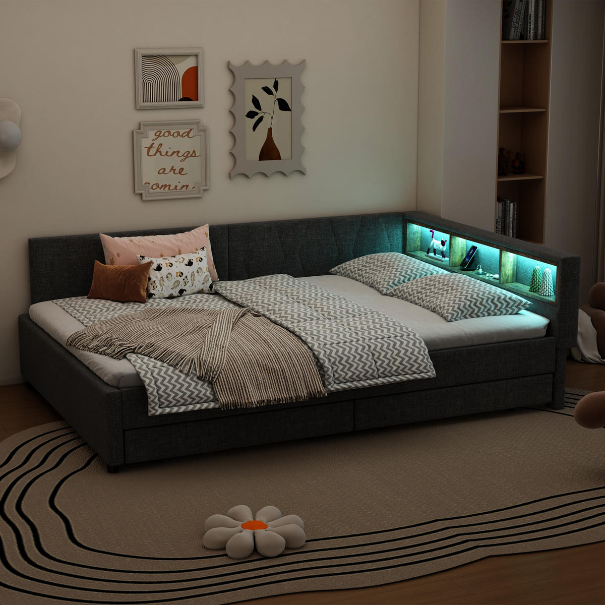 TAGEBETT 140x200cm Grau Leinen USB-C LED-Licht 2 Schubladen - Grau, Holz (140/200cm) - FLIEKS