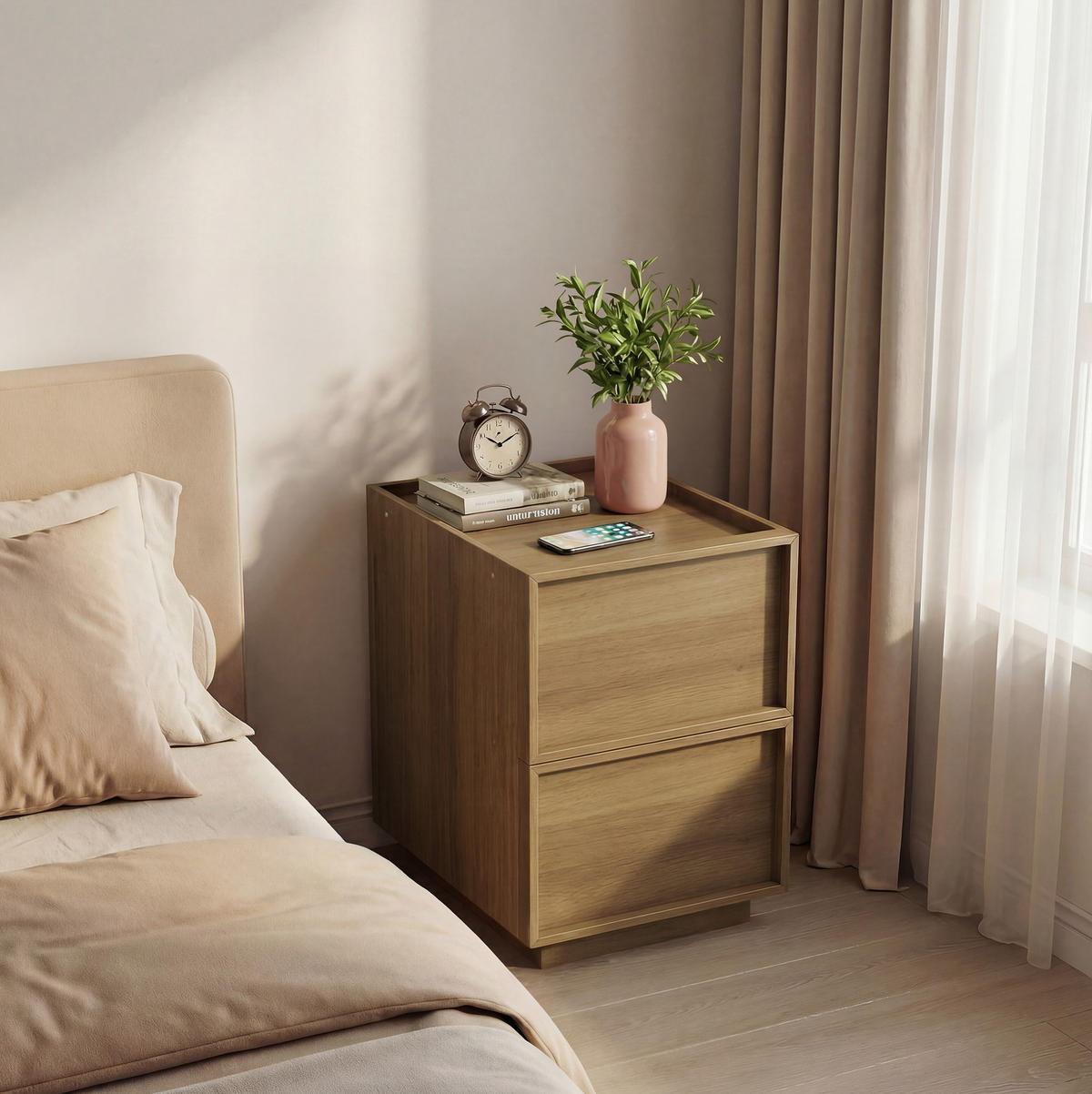 NACHTTISCH 38/48/50 cm mit 2 Schubladen 38/48/55 cm in Eichenoptik, grifflos und kompakt - Braun, Holzwerkstoff (48/50/38cm) - BEAOK