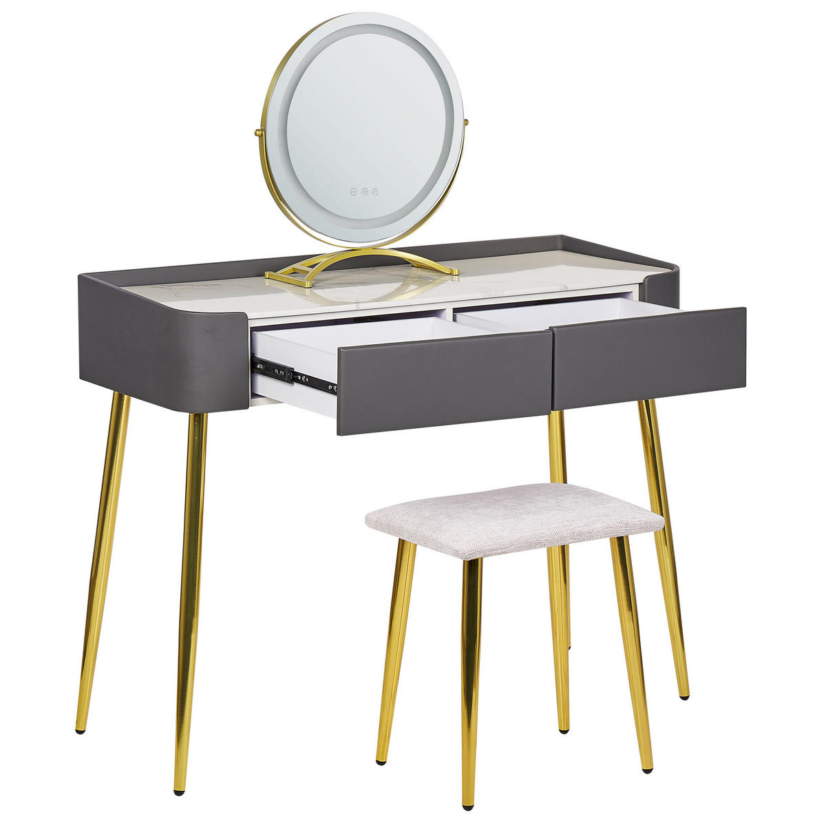 SCHMINKTISCH mit rundem LED-Spiegel Hocker 2 Schubladen grau/gold Surin - Goldfarben/Weiß, Holzwerkstoff (100/133/41cm) - Beliani