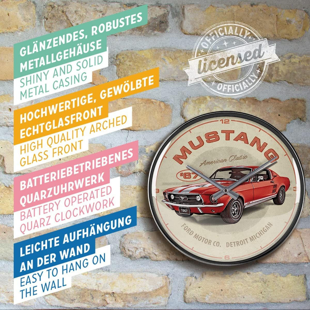 WANDUHR 31 cm Ford Mustang GT 1967 Red - Rot/Creme, Metall (31/31/5cm) - Nostalgic-Art