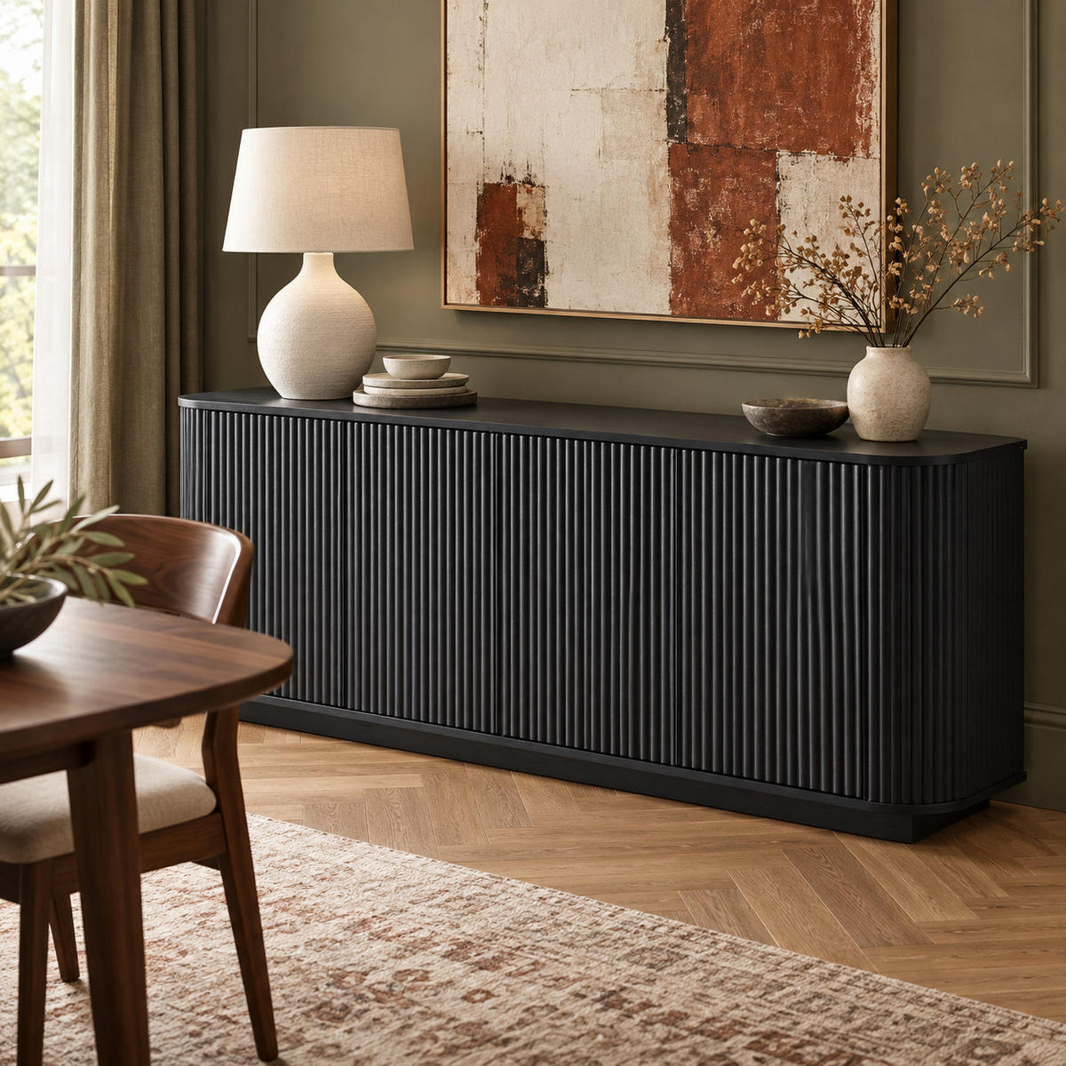 SIDEBOARD aus MDF 162x38x61 cm Schwarz mit 4 Türen und Wellenmuster - Schwarz, Metall (162/61/38cm) - IVMEU