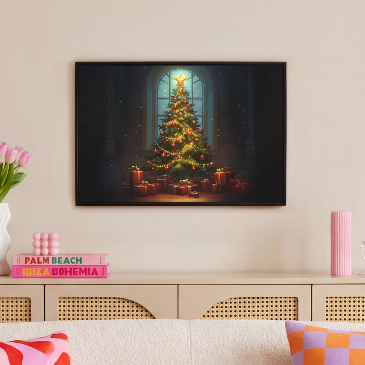 LEINWAND Bilder mit Rahmen - Weihnachtsbaum - Geschenk - Winter - 60x40 - Grün, Textil (60/40cm) - MuchoWow