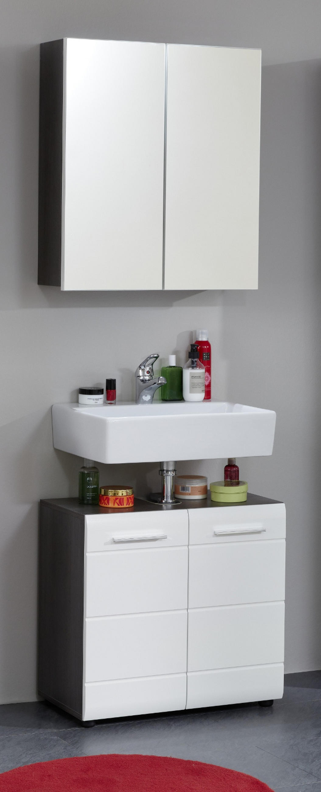 BADMÖBEL-SET weiß Hochglanz, grau Rauchsilber 2-teilig 60 cm, Badkombination in modernem Design - Weiß Hochglanz/Silberfarben, Glas/Holzwerkstoff (60/182/31cm) - Top.Furn