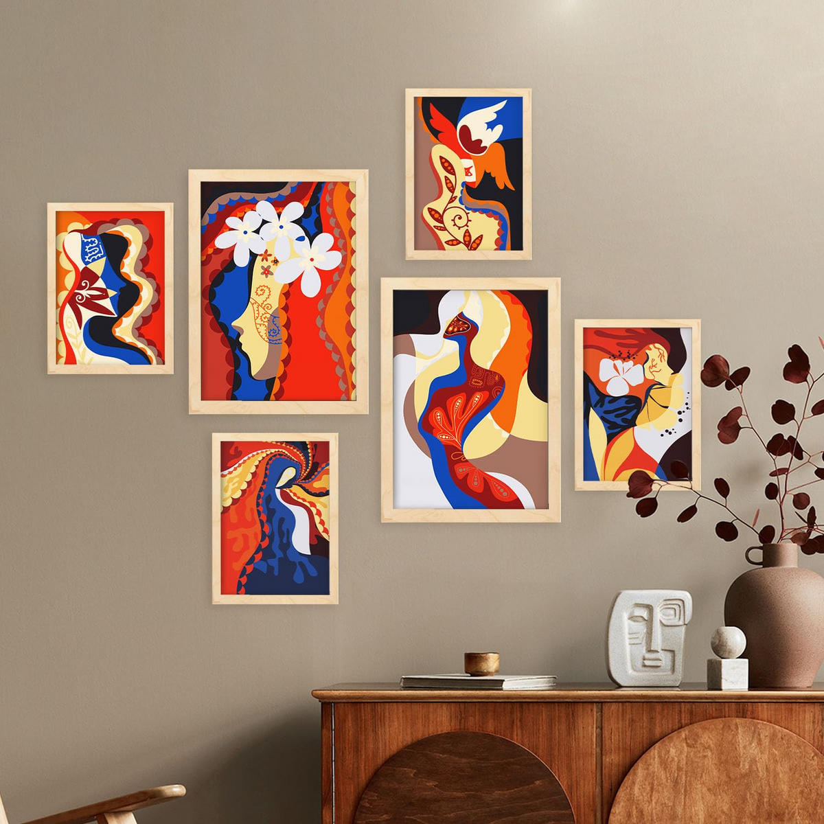 POSTER Set Mit 6 Rococo Arts 1 In Weibliche Zusammenfassung Ästhetische Dekorative Gemälde Für Ihr Wohnzimmer Zuhause A3 & A4 Rahmen Aus Hellem Holz - Beige, Papier (29/3cm) - Nacnic