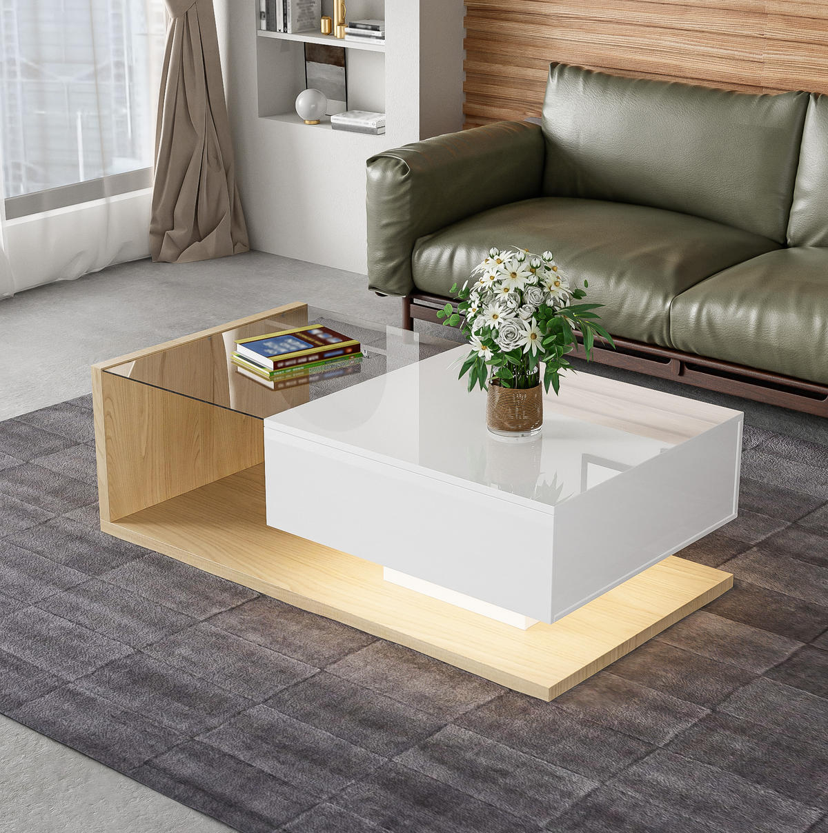 COUCHTISCH, Holzton/Hochglanz Weiß mit Glasplatte & 16-farbiger LED-Beleuchtung, 105/55/32,5 cm,Naturfarben - Naturfarben, Holzwerkstoff (55/105/32.5cm) - Redom