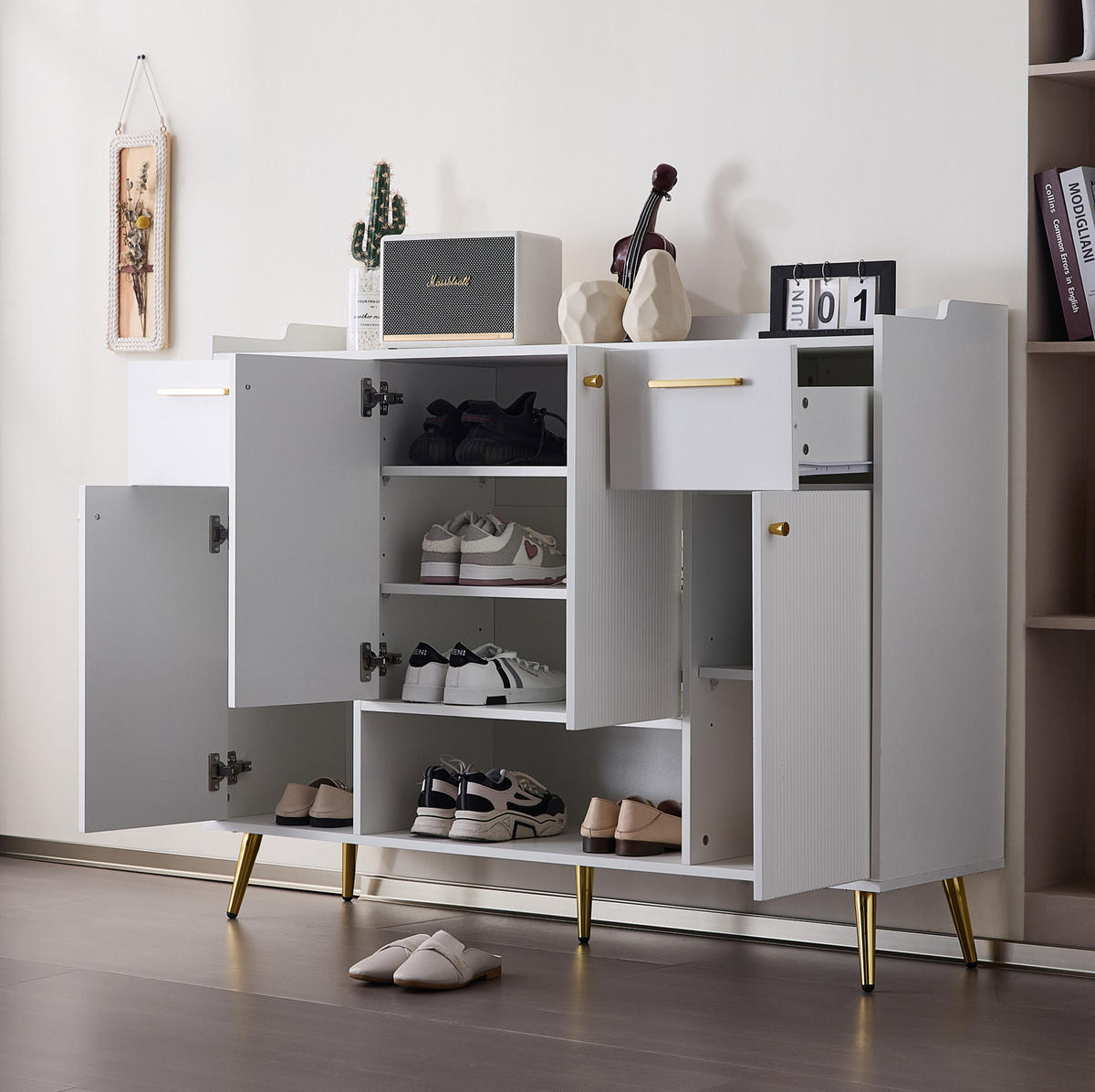 SCHUHSCHRANK mit 2 Schubladen und 4 Türen 130 x 37 x 100 cm Weiß - Weiß, Holzwerkstoff (37/100/130cm) - Beauniv