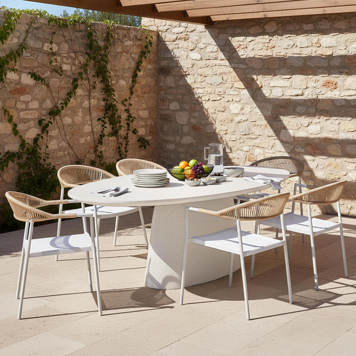 GARTENTISCH, Weiß - Weiß, Stein (200/110/76cm) - Oviala