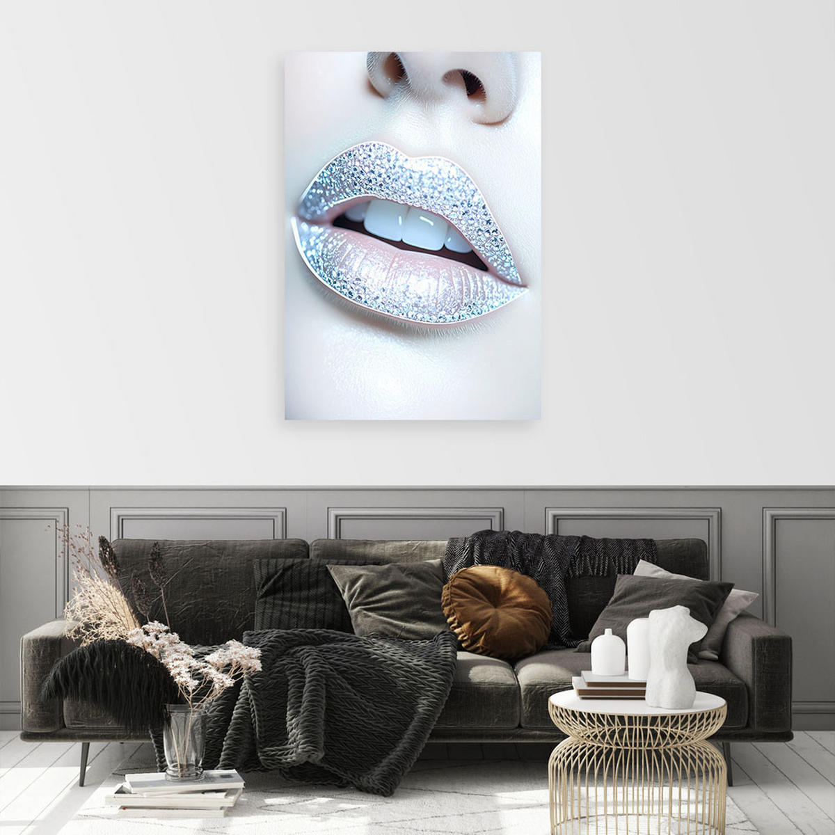BILD auf Leinwand, Silberne Lippen verziert mit glänzenden Kristallen - Weiß, Textil (80/120cm) - Feeby