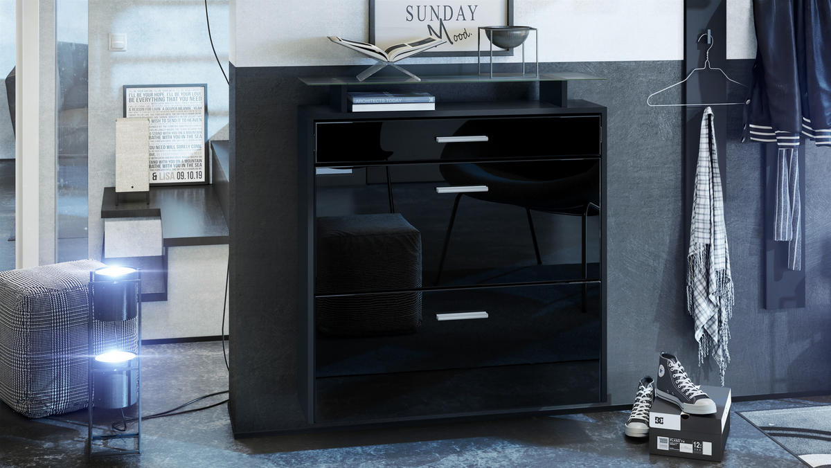 SCHUHSCHRANK Malea Front in Schwarz Hochglanz - Schwarz Hochglanz, Holzwerkstoff (89/96/23cm) - Vladon