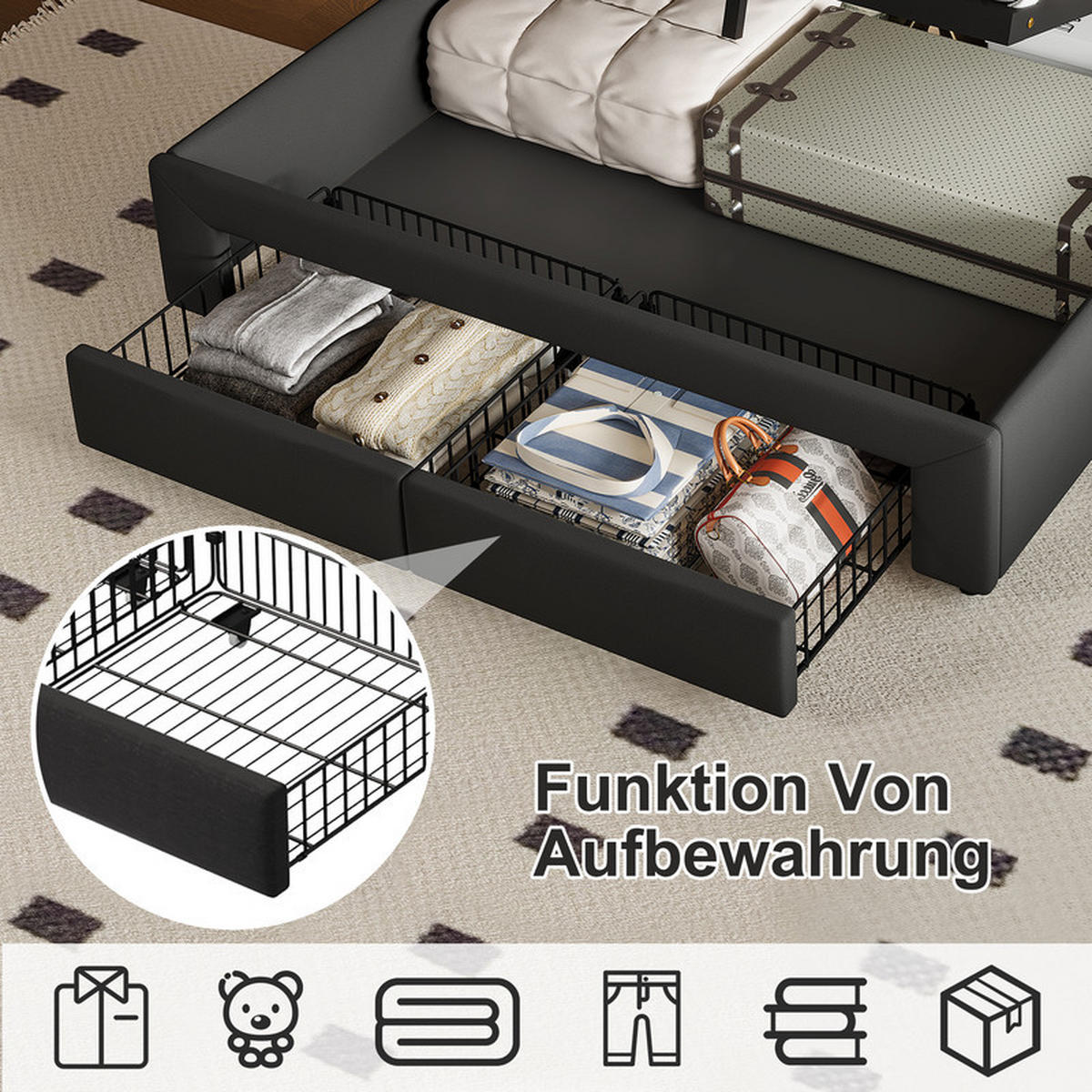 BETT 160 x 200 cm mit Stauraum, mit 2 Schubladen, LED-Beleuchtung und USB-Anschlüssen, Kopfteil - Grau, Holzwerkstoff/Textil