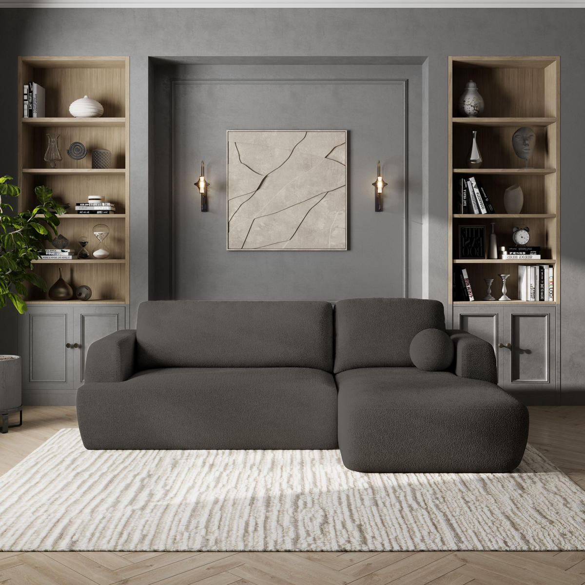 ECKSOFA SENTI N R-S Grau Boucle-Stoff mit Schlaffunktion - Grau, Holz (246/148cm) - MASSENO