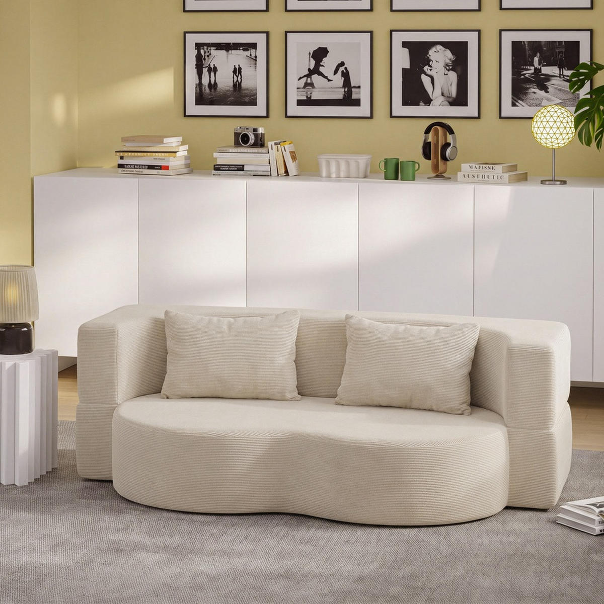 SCHLAFSOFA mit Bettfunktion und waschbarem Cordbezug FST101-MI - Beige, Textil/Metall (177/32/107cm) - SoBuy