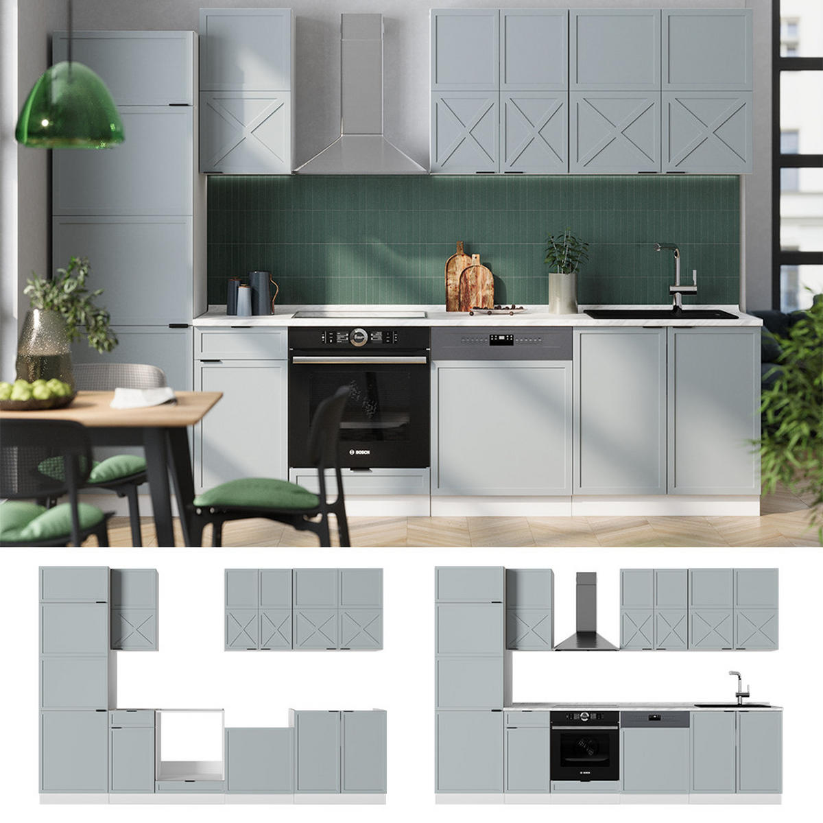 KÜCHENZEILE Fame-Line Hellblau-grau/Weiß 300 cm, AP Eiche - Weiß/Hellblau, Holzwerkstoff (300/81.6/60cm) - Vicco