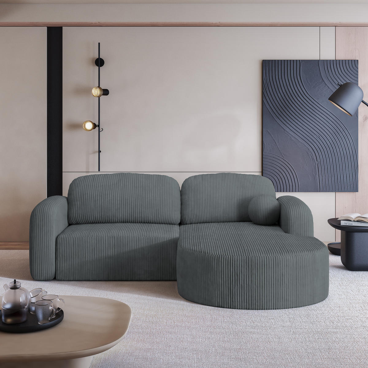 ECKSOFA AMILIA P R-S Grau Kordstoff mit Schlaffunktion - Grau, Holz (263/174cm) - MASSENO