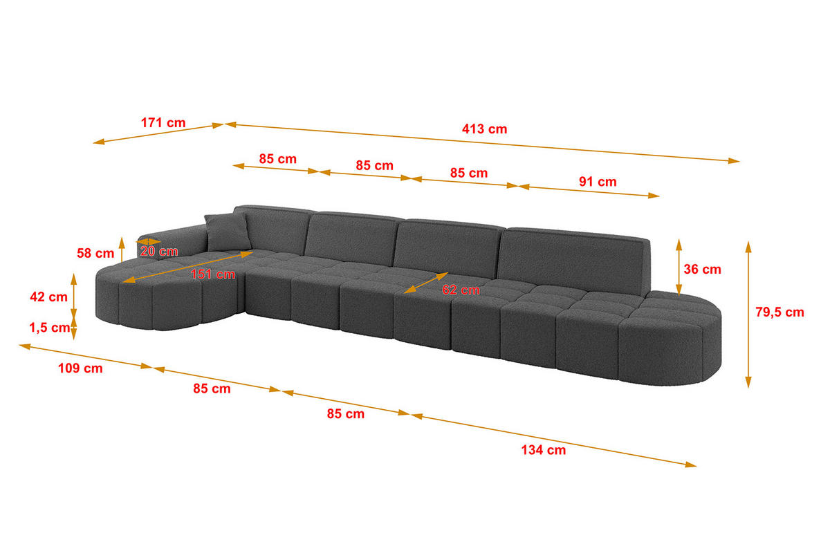 ECKSOFA Ottomane Links LIVO-L3 - 413x171x79,5 cm Grau - Grau, Holzwerkstoff/Textil (413/79.5/171cm) - ALTDECOR