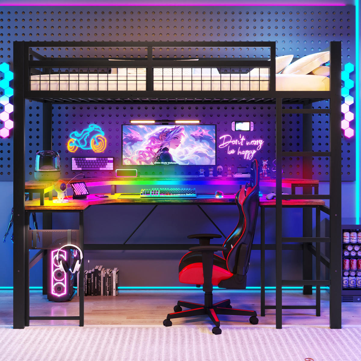 HOCHBETT 90/200 cm aus Metall und MDF mit Schreibtisch und LED-Lichtleiste Schwarz - Schwarz, Metall (90/200cm) - Modenvie